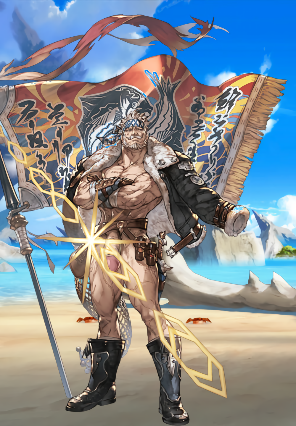 belt boots crossed_arms drawfag drawthread_request edit edited flag gay genitals gloves granblue_fantasy male male_focus male_only official_art official_artwork_edit older_male penis retracted_foreskin screenshot screenshot_edit soriz sweater sword uncut unknown_artist white_body white_hair yaoi