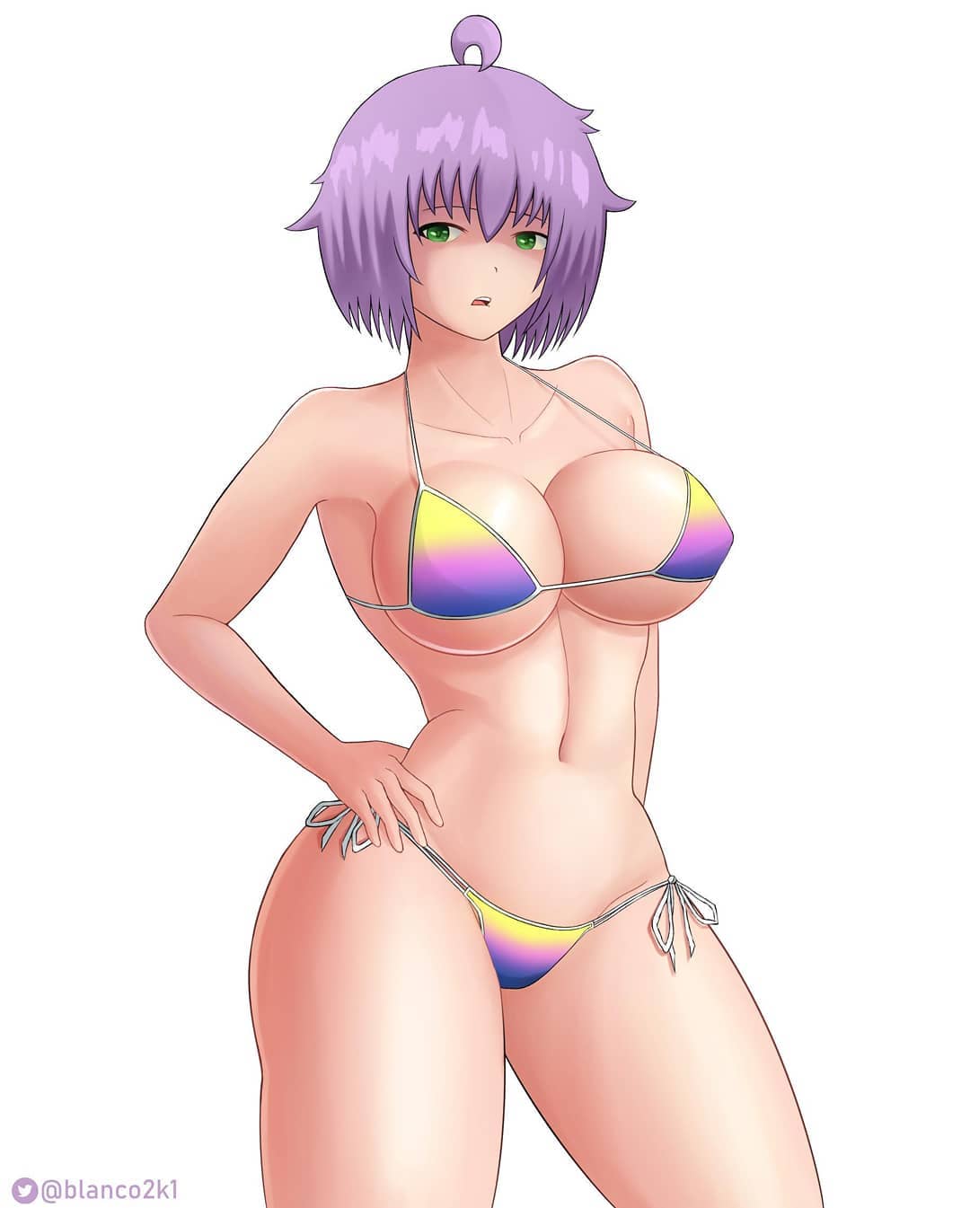 1girls artist_name big_breasts bikini blanco2k1 breasts busty cleavage female female_only green_eyes hand_on_hip highres large_breasts legs looking_at_viewer navel open_mouth pose posing purple_hair shaded_face short_hair solo swimsuit thick_thighs thighs voluptuous yukino_akaihi yukino_memories