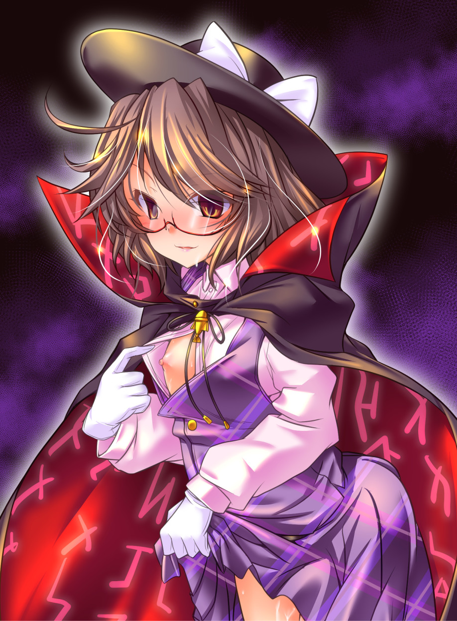 1girls akatsuki_shimeji blush bow brown_eyes brown_hair cape clothes_lift flat_chest glasses hat hat_bow nipples no_bra red-framed_eyewear runes skirt skirt_lift solo sumireko_usami tagme touhou