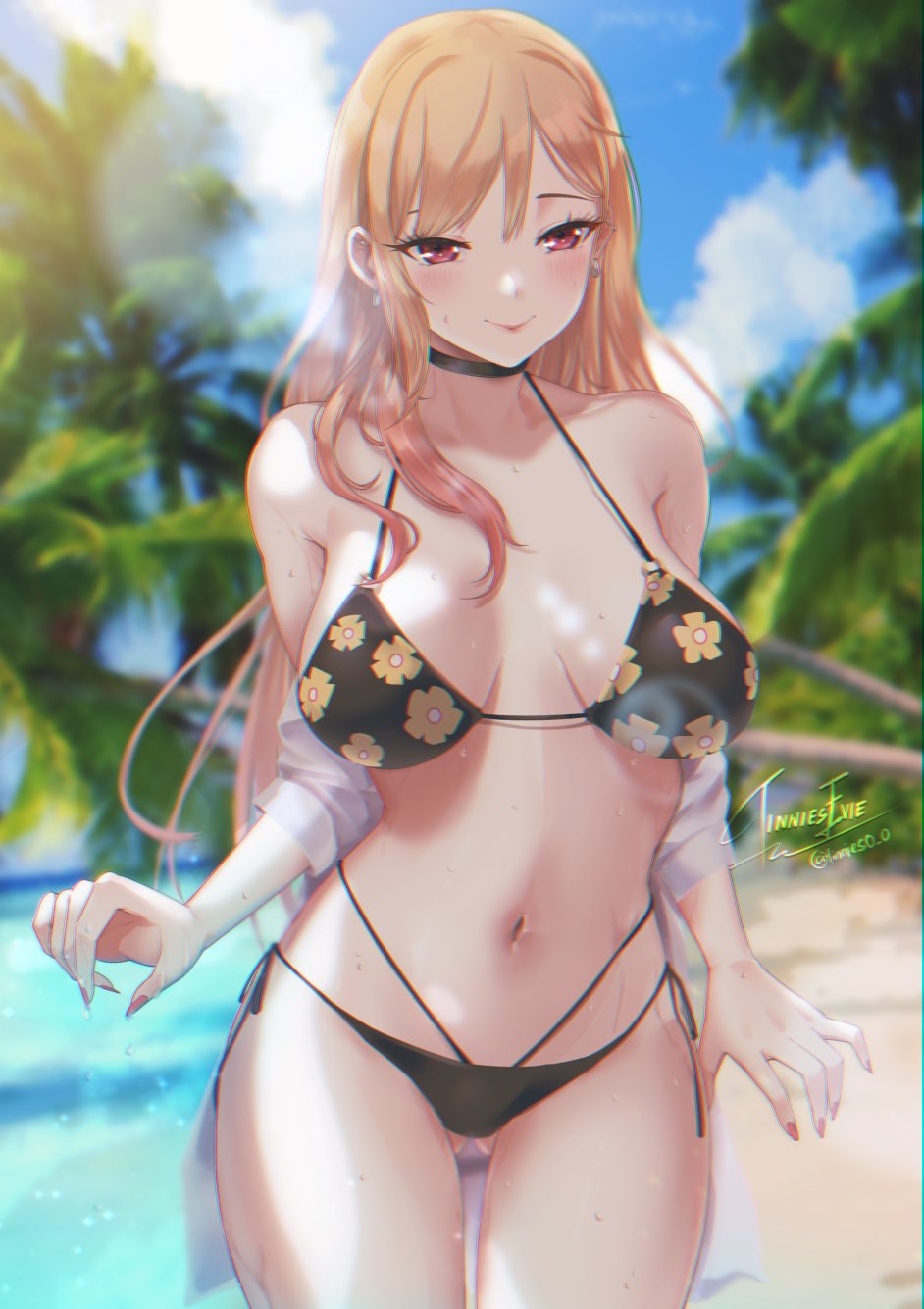 1girls 2022 beach big_breasts bikini black_bikini blonde_hair blush breasts female female_only flower_pattern gyaru hips huge_breasts kitagawa_marin long_hair outdoors red_eyes slim_waist smile sono_bisque_doll_wa_koi_wo_suru thick_thighs thighs tinnies wide_hips