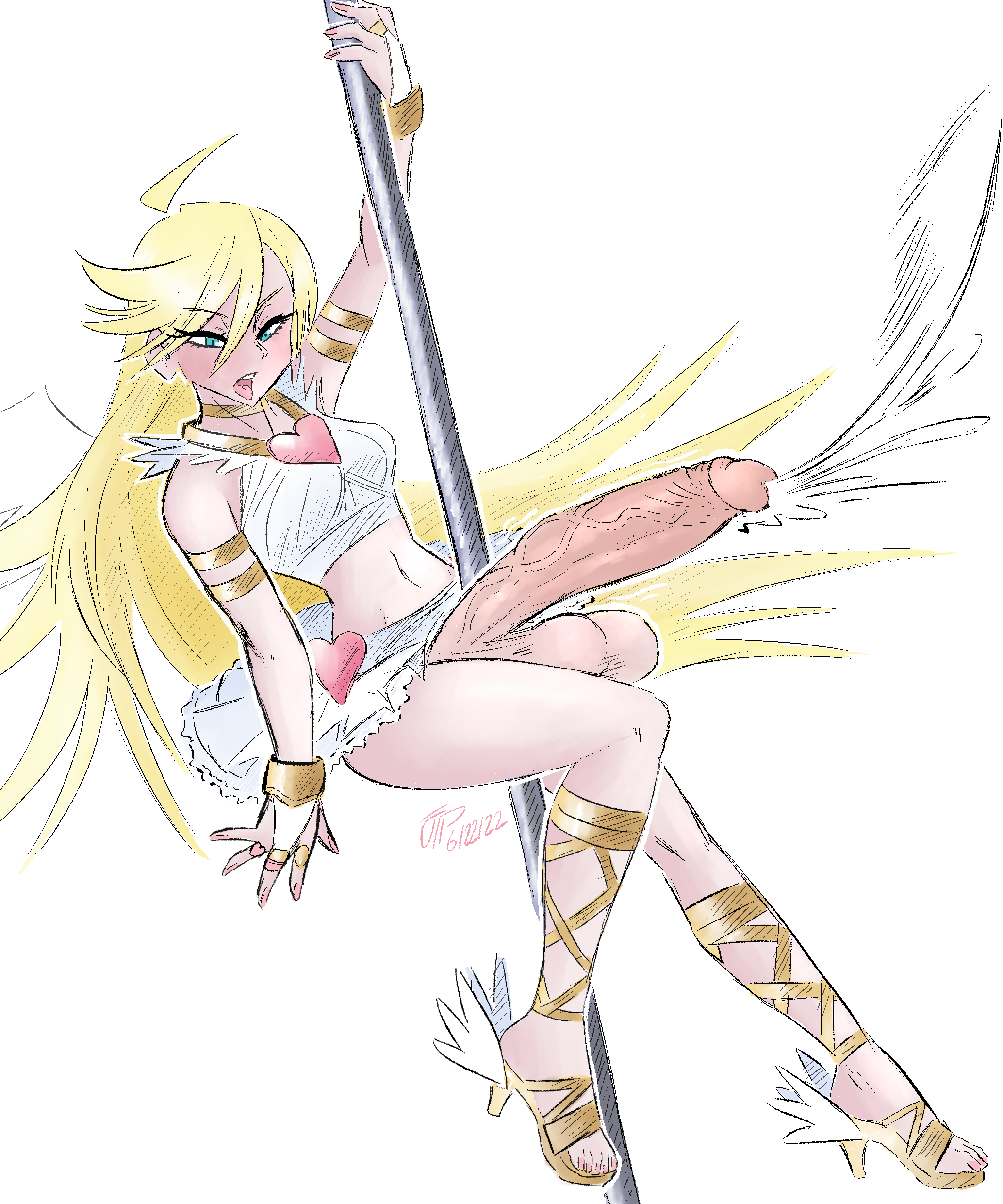 1futa, 2022, angel futa, balls, blonde hair, blush, bottomless, breasts, clothed, clothing, cum, dated, ejaculation, erection, feet, futa only, futanari, gladiator sandals, hands-free, handsfree ejaculation, highres, huge balls, huge cock, human, intersex, light skin, light-skinned futa, long hair, looking at viewer, mostly clothed, open toe shoes, orgasm, painted fingernails, painted nails, painted toenails, panty & stocking with garterbelt, panty anarchy, penis, pink nail, pink nail polish, pink nails, pole, pole dancer, pole dancing, rosy cheeks, sandals, skirt, soles, solo, stripper pole, toes, tongue, tongue out, videajames