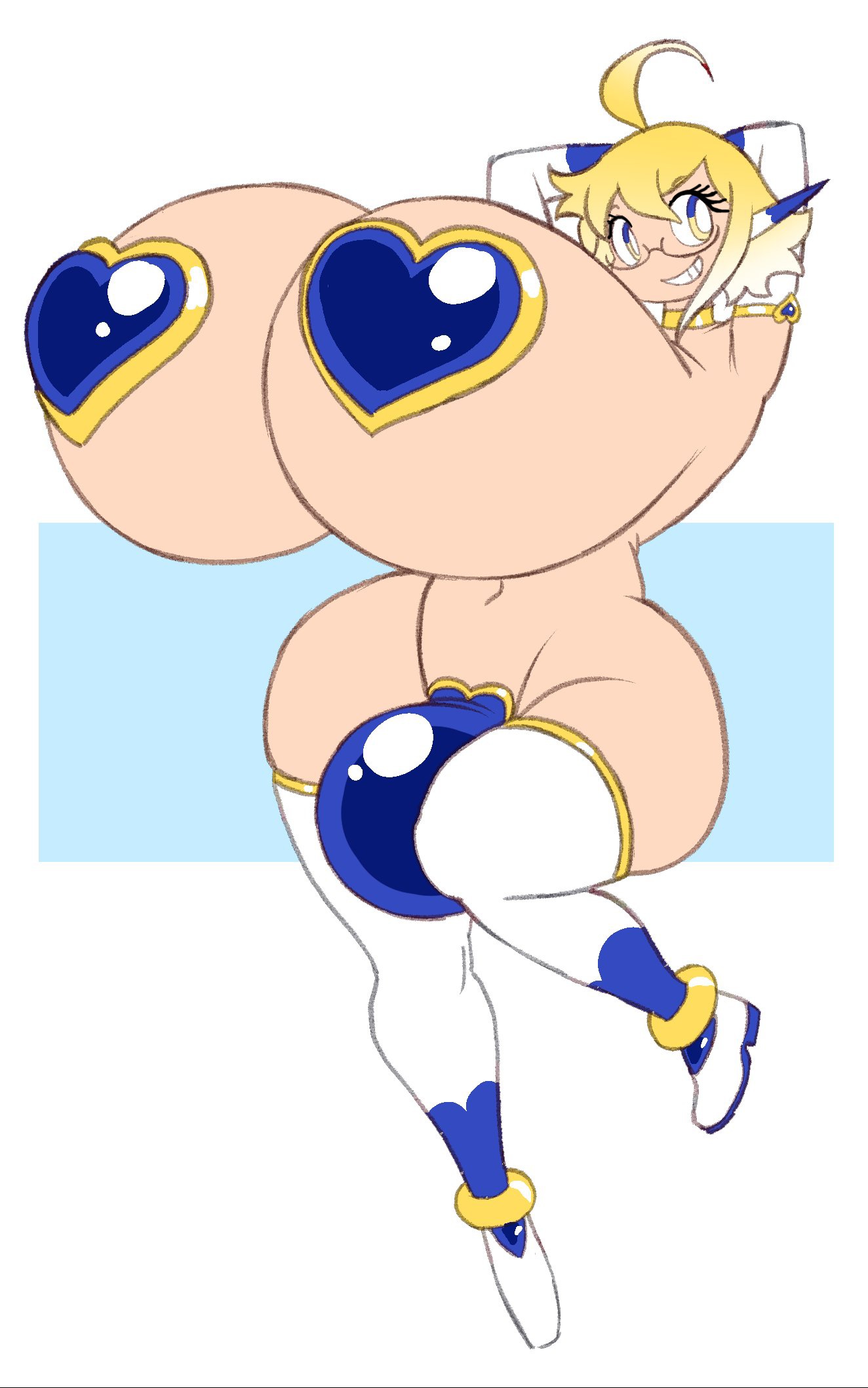 1boy, angstrom, big bulge, blonde hair, blue eyes, breasts, bulge, busty male, glasses, heart pasties, hyper, hyper breasts, maebari, male, male with breasts, massive breasts, pasties, presenting, presenting breasts, revealing clothes, skimpy, skimpy clothes, stockings, thick hips, thick thighs, two-tone eyes, unnamed mtg superheroine (angstrom), yellow eyes