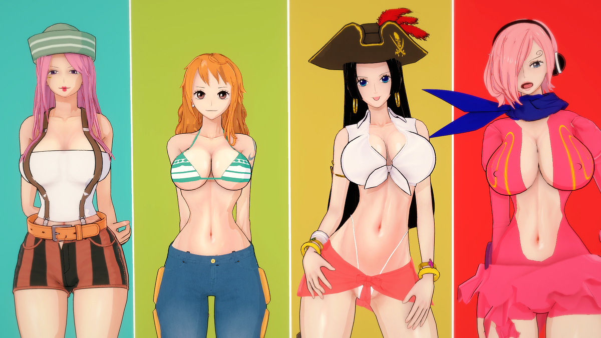 3d, 4girls, big breasts, bikini, black hair, black-haired female, boa hancock, breasts, female, female only, jeans, jewelry bonney, koikatsu, nami (one piece), one piece, orange hair, orange-haired female, pink hair, pink-haired female, qxdt, vinsmoke reiju