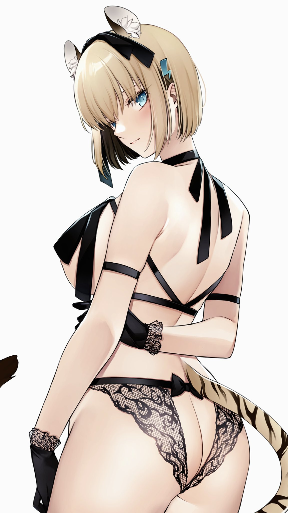 animal_ear_fluff animal_ears arm_at_side arm_behind_back ass ass_cleavage ass_cutout bangs bare_shoulders black_gloves black_panties blonde_hair blush breasts butt_crack choker closed_mouth clothing_cutout cowboy_shot female from_behind gloves green_eyes grey_background hair_ornament hair_ribbon head_tilt highres holding_own_arm lace lace_panties large_breasts lightning_bolt lightning_bolt_hair_ornament lightning_bolt_symbol lips looking_at_viewer looking_back marime_amatora original panties ribbon short_hair simple_background smile solo tail tiger_ears tiger_girl tiger_tail underwear