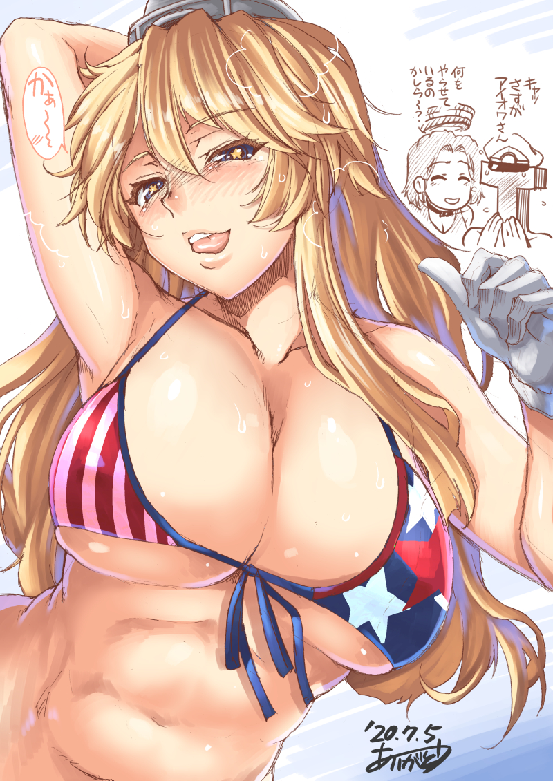 american_flag american_flag_bikini ariga_tou bikini bikini_day blonde_hair blue_eyes breasts cleavage dated female flag_print front-tie_bikini front-tie_top gloves iowa_(kantai_collection) kantai_collection large_breasts long_hair navel signature sweat swimsuit symbol-shaped_pupils t-head_admiral tatsuta_(kantai_collection) tongue tongue_out