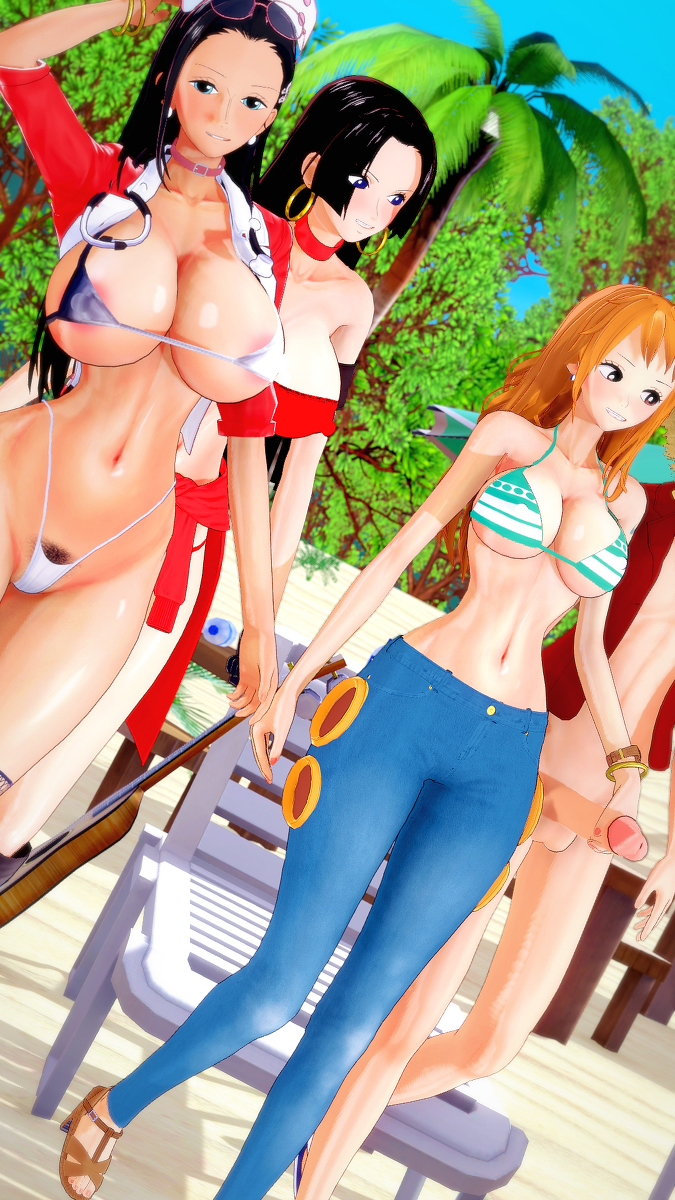 1boy, 3d, 3girls, arm tattoo, beach, big breasts, big penis, bikini, black hair, black-haired female, blue tattoo, boa hancock, breasts, eyewear on head, female, hand on penis, koikatsu, long hair, male, monkey d luffy, nami (one piece), nico robin, one piece, orange hair, orange-haired female, penis, post-timeskip, qxdt, skimpy, swimsuit, tattoo, wide hips