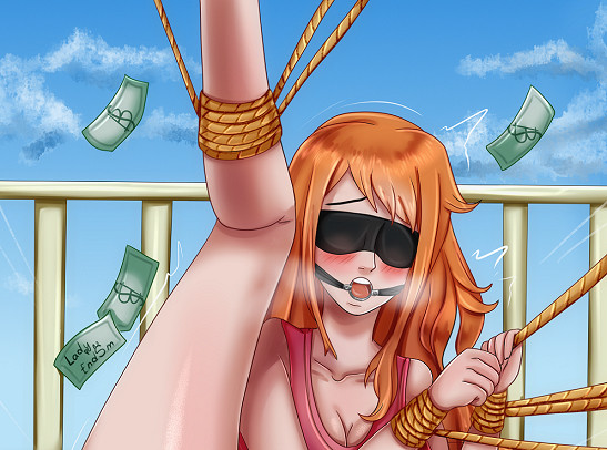 2021 blindfold blush bondage cropped drooling female female_only gag lady_endsm ladyendsm leg_up meowtat money nami one_piece post-timeskip ring_gag rope_bondage steam