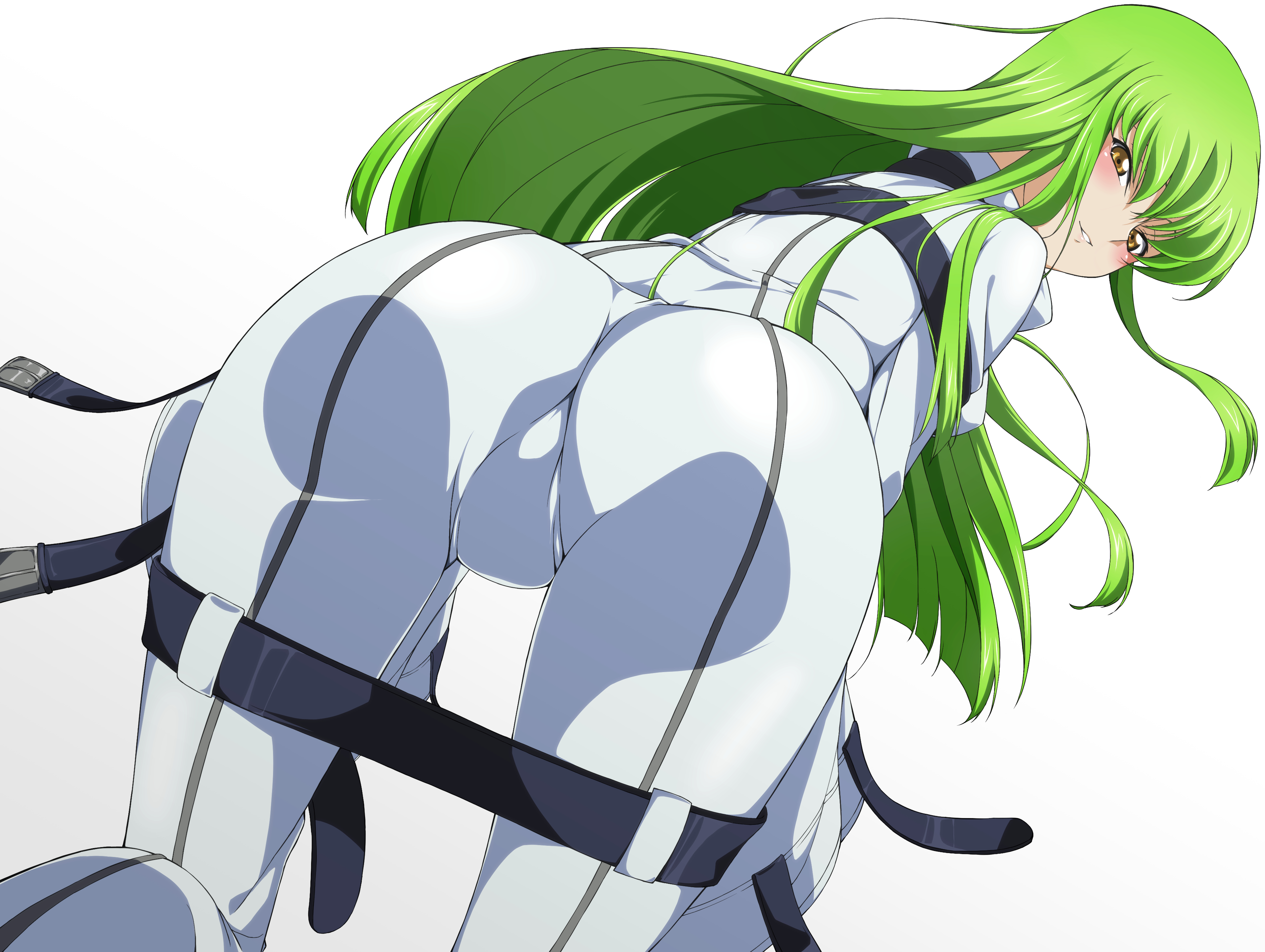 1girls, all fours, ass, belt, bent over, big ass, bodysuit, c.c., code geass, female, floating hair, from behind, green hair, long hair, looking at viewer, looking back, parted lips, shou937, smile, solo, white bodysuit, yellow eyes