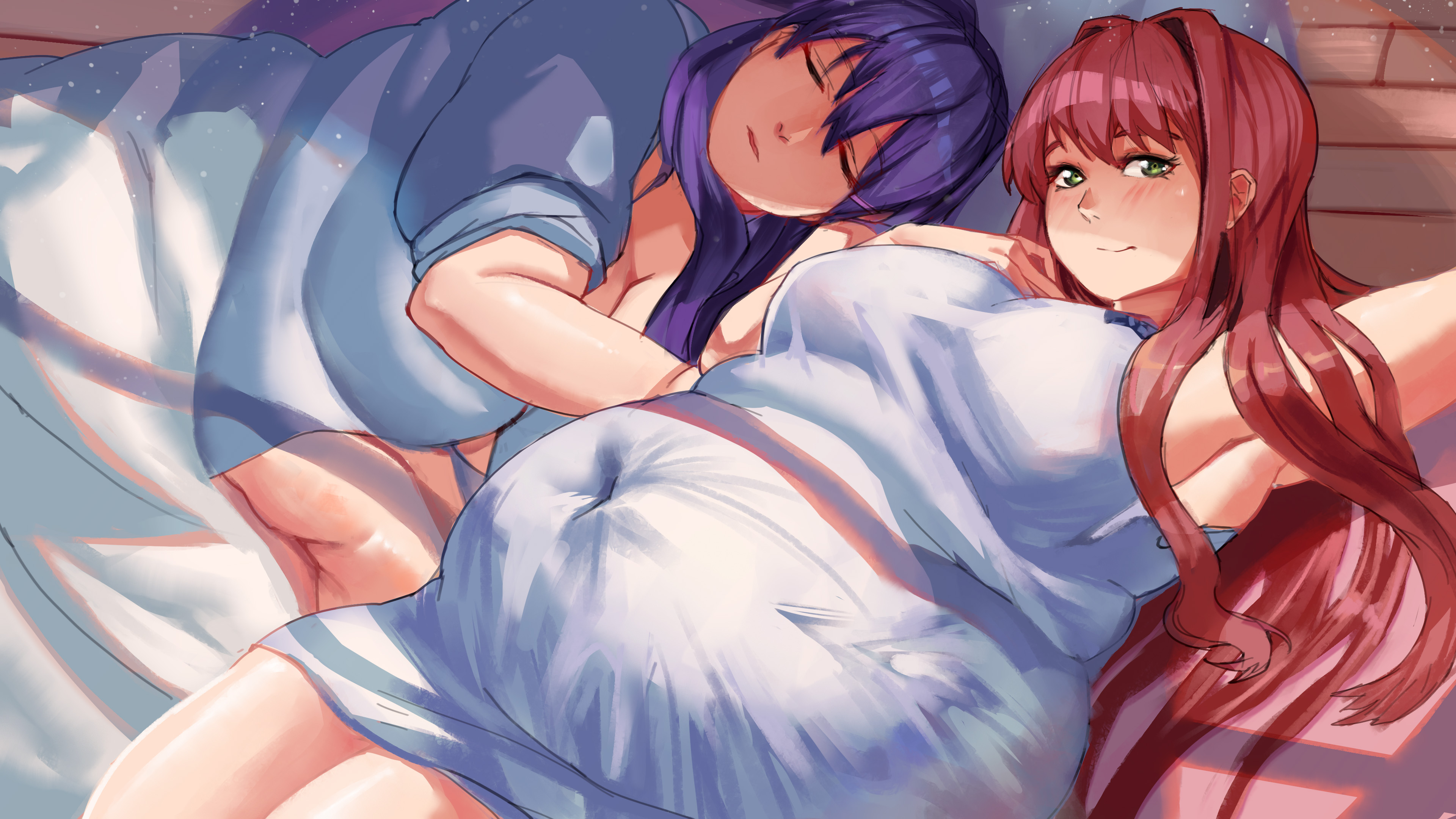 2girls, bamboo ale, bbw, belly, big belly, big breasts, breasts, chubby, doki doki literature club, fat, female, female only, huge belly, hyper belly, light skin, light-skinned female, long hair, looking at viewer, monika (doki doki literature club), multiple females, multiple girls, overweight, overweight female, sleeping, yuri (doki doki literature club)