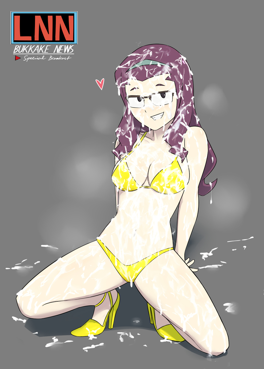 1girls bikini bikini_bottom bikini_top bukkake cum cum_on_body cumming glasses heels joanna_(little_witch_academia) little_witch_academia oksandio panties simple_background tagme