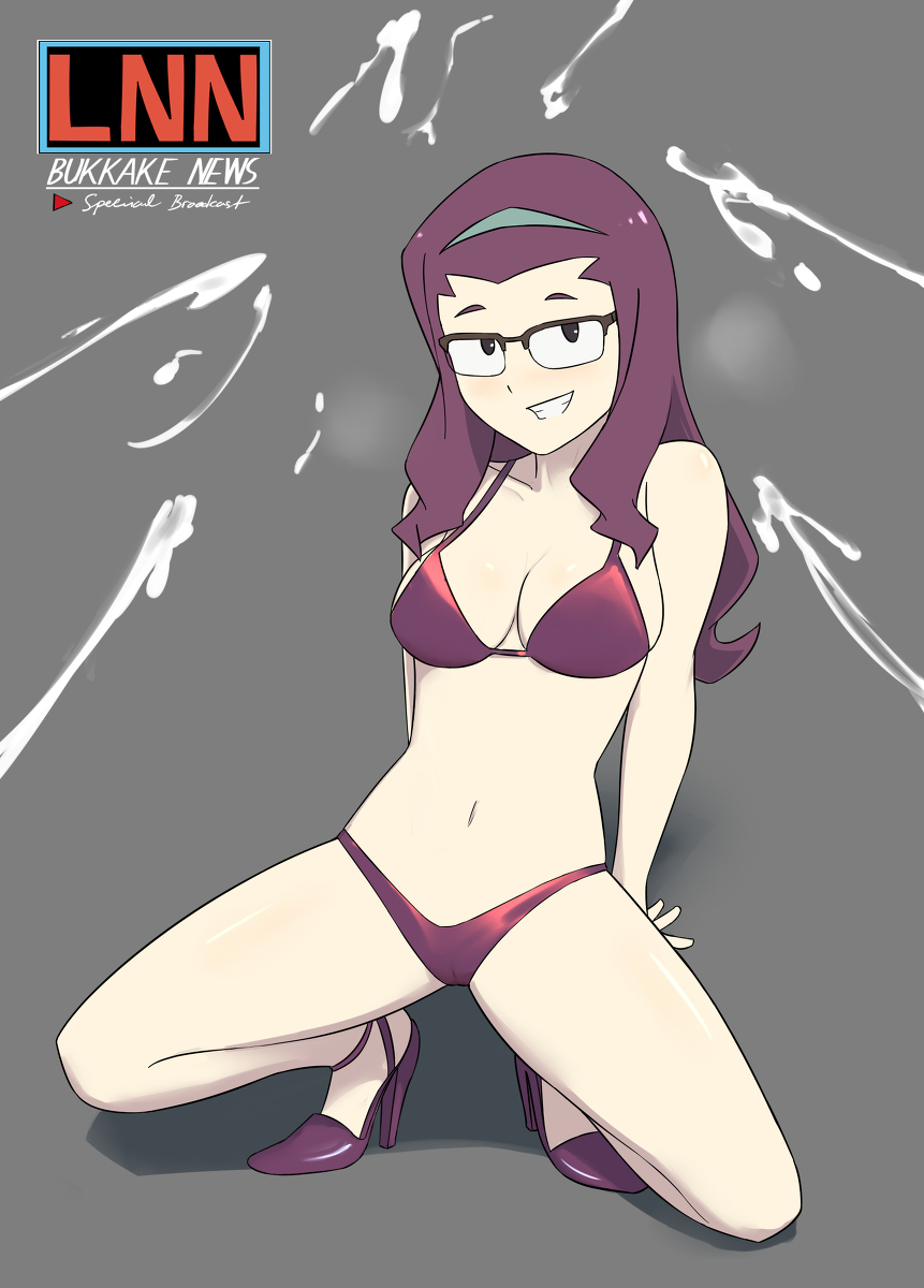 1girls bikini bikini_bottom bikini_top cum cumming glasses heels joanna_(little_witch_academia) little_witch_academia oksandio panties simple_background tagme