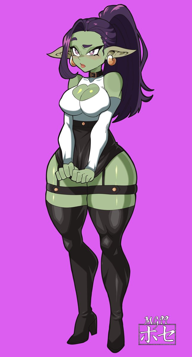 1girls, big breasts, breasts, female, female only, goblin, goblin female, green skin, mali'in (nofacelord), mg99, microskirt, pointy ears, purple background, skirt pull, skirt tug, solo, solo female, tagme, undersized clothes