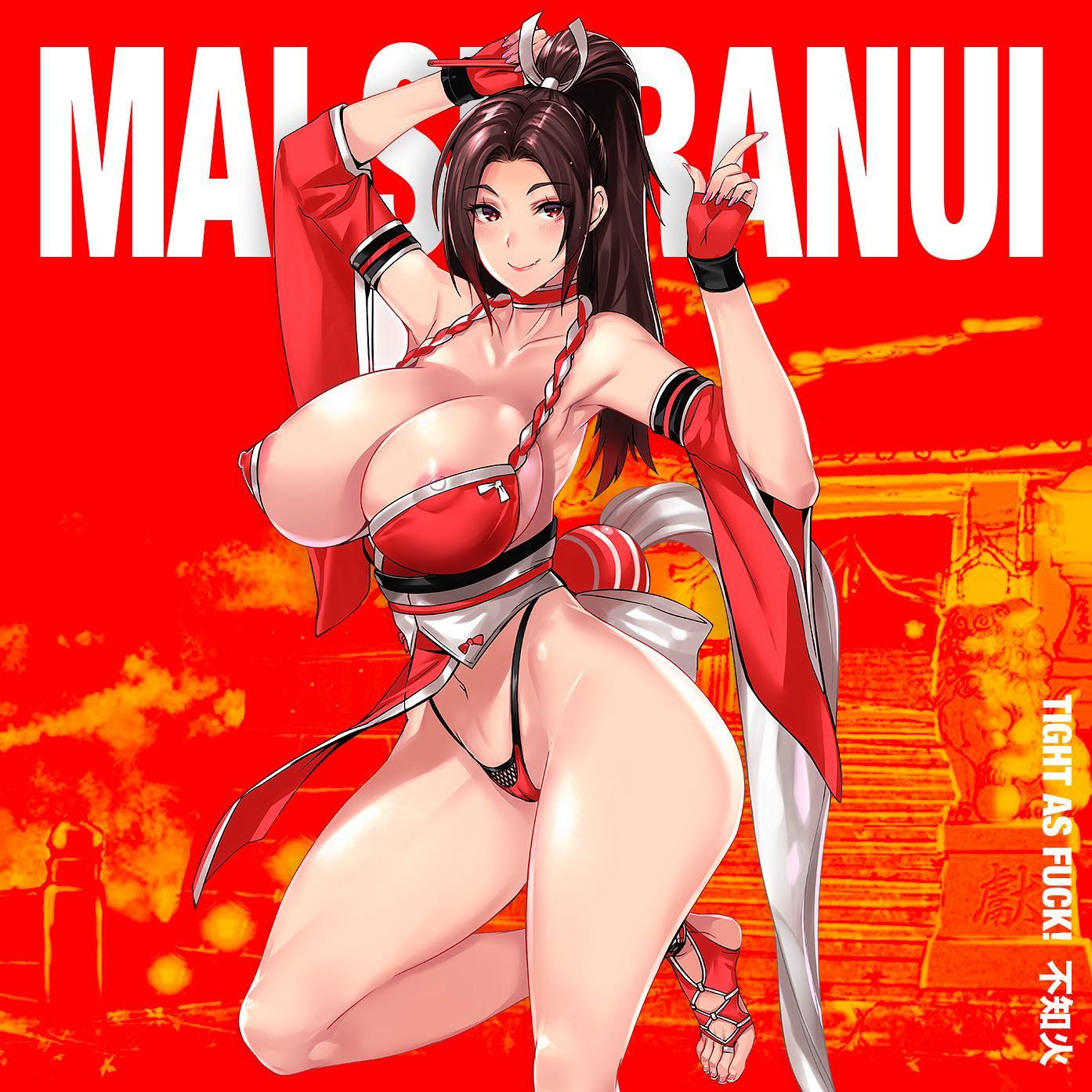 1girls, areolae, breasts, fatal fury, female, female only, huge breasts, king of fighters, light skin, light-skinned female, looking at viewer, mai shiranui, nipple slip, red eyes, snk, solo, thick thighs, tightaf