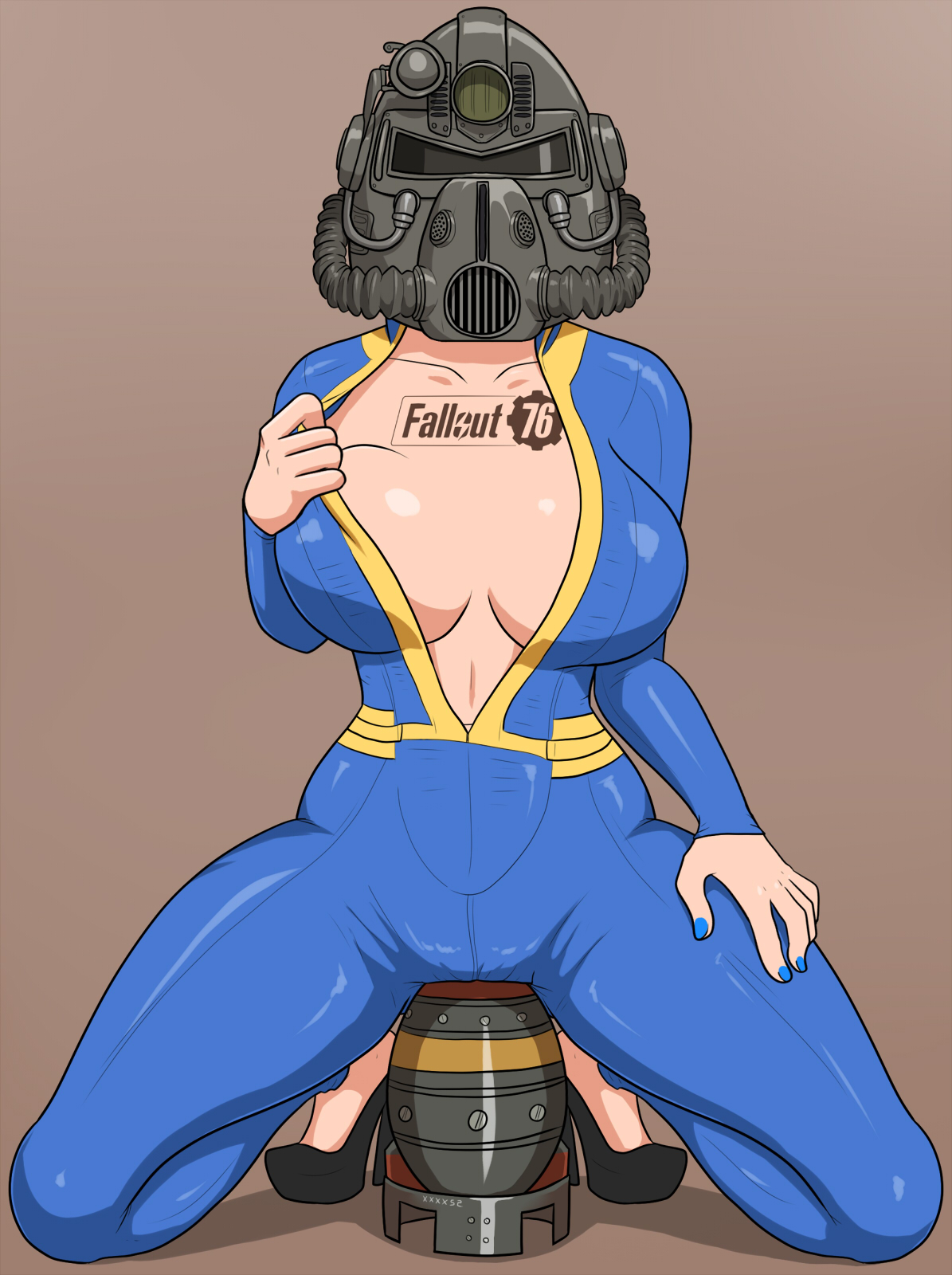 1girls, 2018, big breasts, bodysuit, breast grab, breast hold, breasts, brown background, crouching, fallout, fallout 76, female, female only, hand on leg, helmet, high heels, human, insertion, jumpsuit, kneeling, large breasts, looking at viewer, masturbation, nail polish, shadow, shiny skin, shoes, simple background, solo, spread legs, text, thick thighs, thin waist, unzipped, unzipped bodysuit, vault dweller, vault girl, vault suit, watermark, weapon, xxxx52