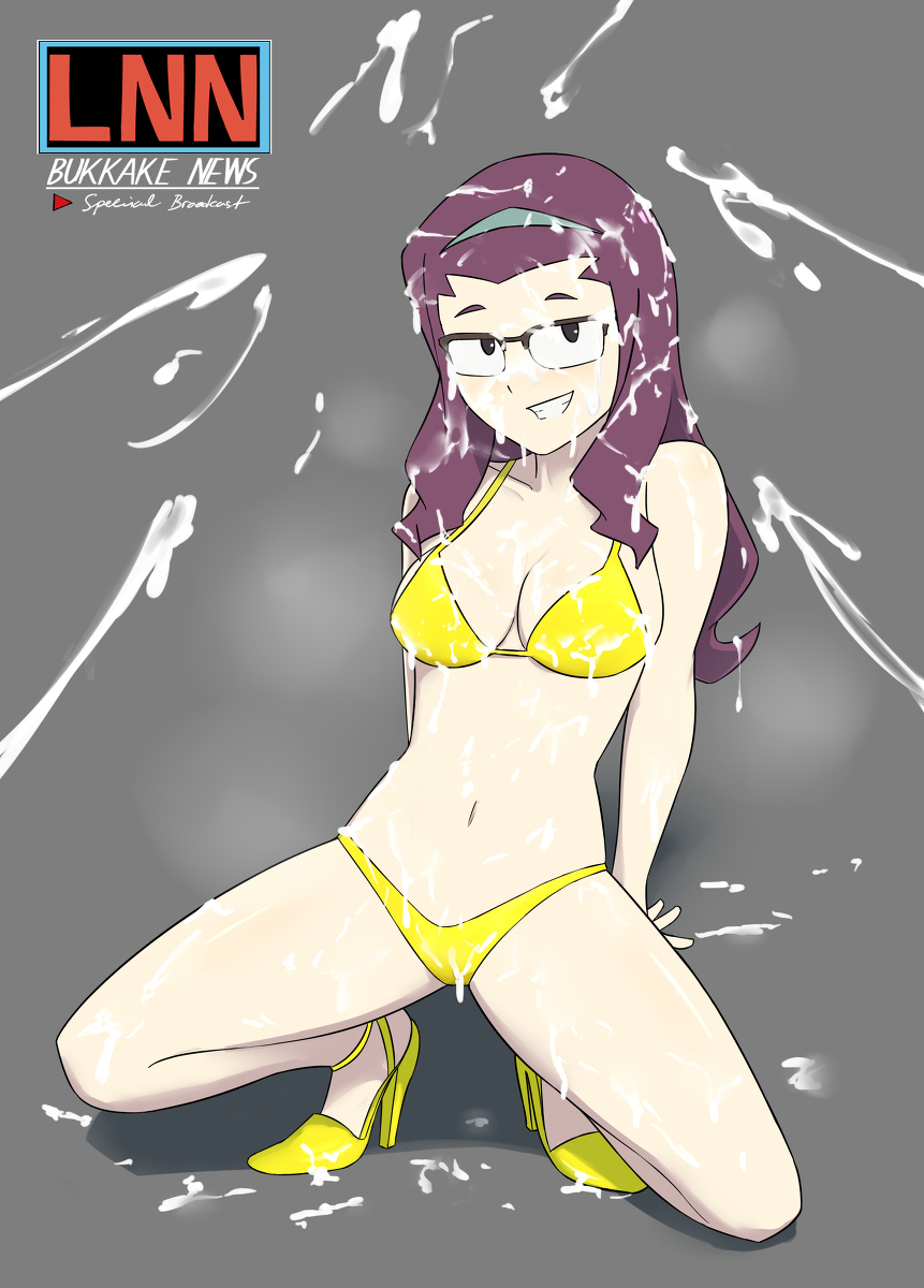 1girls bikini bikini_bottom bikini_top bukkake cum cum_on_body cumming glasses heels joanna_(little_witch_academia) little_witch_academia oksandio panties simple_background tagme