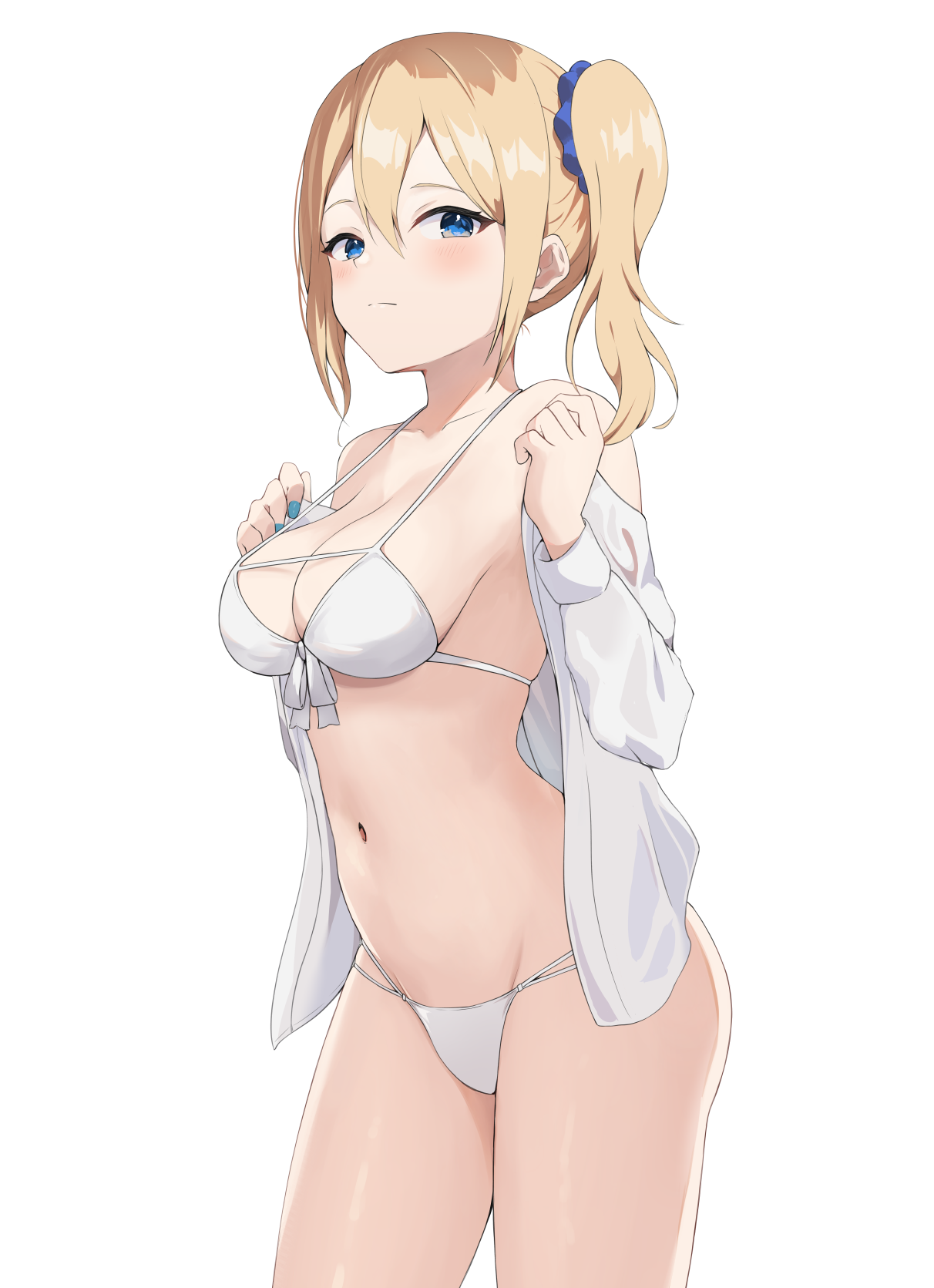 1girls, ass, bare shoulders, belly, big breasts, blonde hair, blue eyes, blue nails, blush, bra, breast physics, breasts, cleavage, coro fae, embarrassed, female, female only, fingernails, hair between eyes, hairband, hayasaka ai, kaguya-sama wa kokurasetai ~tensai-tachi no renai zunousen~, legs, light skin, light-skinned female, looking at viewer, looking down, medium hair, nail polish, navel, panties, pout, pouting, shirt, side ponytail, solo, standing, swimsuit, thighs, undressing, waist, white background, white bra, white panties, white shirt, white swimsuit