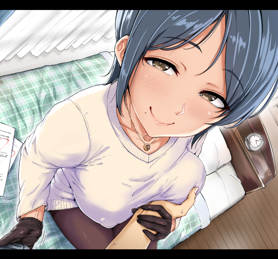 1boy 1girls age_difference alarm_clock aoi_tiduru bare_arms bare_hands bed bed_sheet bedroom big_breasts black_gloves black_pantyhose blanket blue_hair blush breast_grab breasts brown_eyes brown_hair bulge clock closed_mouth clothing collarbone crescent crotch_grab curtains erect_nipples erection erection_under_clothes eyebrows eyebrows_visible_through_hair female female/male floor gloves grabbing grabbing_another's_breast grabbing_penis guided_breast_grab guiding_hand hand_on_breast handjob handjob_over_clothes highres huge_breast indoor indoors jewelry large_breasts lips looking_at_viewer male/female male_pov massive_breasts medium_breasts mole mole_under_mouth motion_lines mouth_closed necklace necktie nipple_bulge older_female on_bed original pantyhose paper parted_bangs pendant penis_grab pillow pointy_chin pov pov_eye_contact pov_male room shirt shirt_tug short_hair short_hair_bangs sitting sitting_on_bed smile smile_at_viewer solo_focus sweat sweatdrop sweater touching_penis tsurime white_curtains white_pillow woman wooden_floor