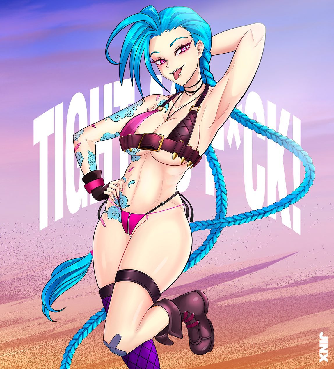 1girls, alternate body type, alternate breast size, arcane, armpits, arms up, ass, big ass, big breasts, blue hair, braid, breasts, cleavage, female, female only, jinx (league of legends), large breasts, league of legends, light skin, light-skinned female, solo, tightaf, tongue, underboob
