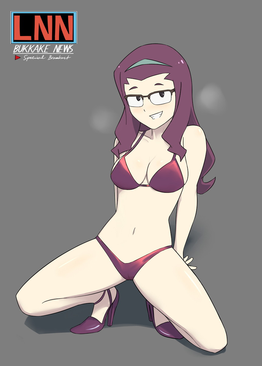 1girls bikini bikini_bottom bikini_top glasses heels joanna_(little_witch_academia) little_witch_academia oksandio panties simple_background tagme