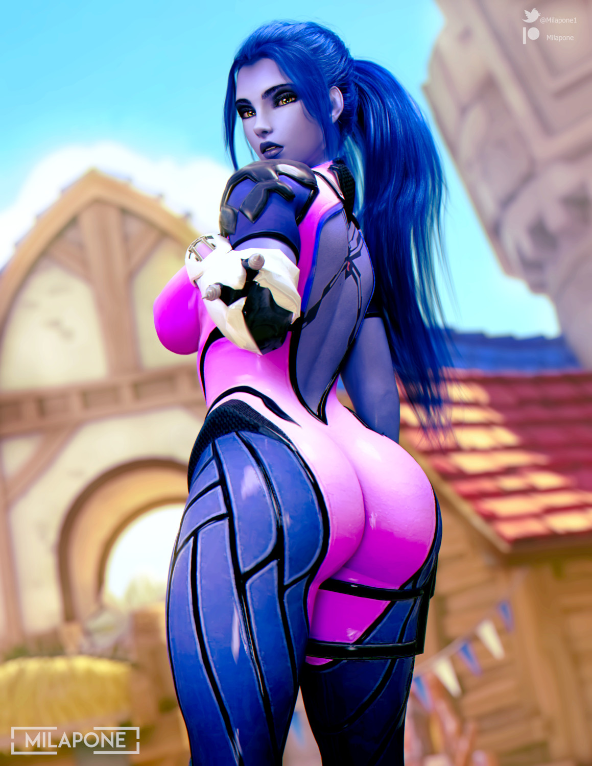 3d, ass, big ass, big breasts, blizzard entertainment, bodysuit, breasts, female, milapone, overwatch, patreon username, pubic hair, purple skin, sideboob, tight bodysuit, twitter username, widowmaker
