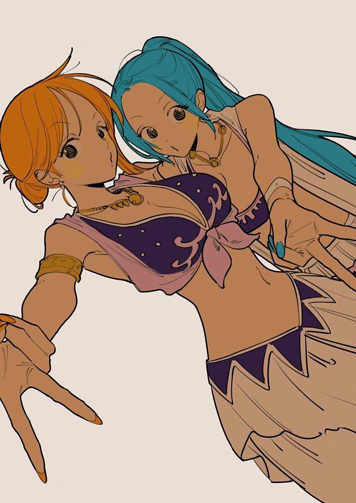 2girls alabasta arabasta_saga arabian_clothes belly_dancer belly_dancer_outfit blue_hair cleavage dancer dancer_outfit female female_only harem harem_girl harem_outfit huge_breasts large_breasts light-skinned_female long_hair looking_at_viewer medium_hair nami necklace nefertari_vivi oioioioiai one_piece orange_hair ponytail popopopiai pre-timeskip pre_timeskip