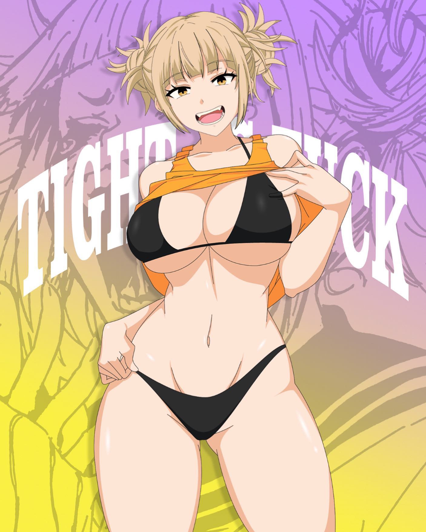 1girls, big breasts, blonde hair, blonde-haired female, breasts, female, female only, himiko toga, huge breasts, light skin, light-skinned female, looking at viewer, my hero academia, shirt lift, solo, thick thighs, tightaf