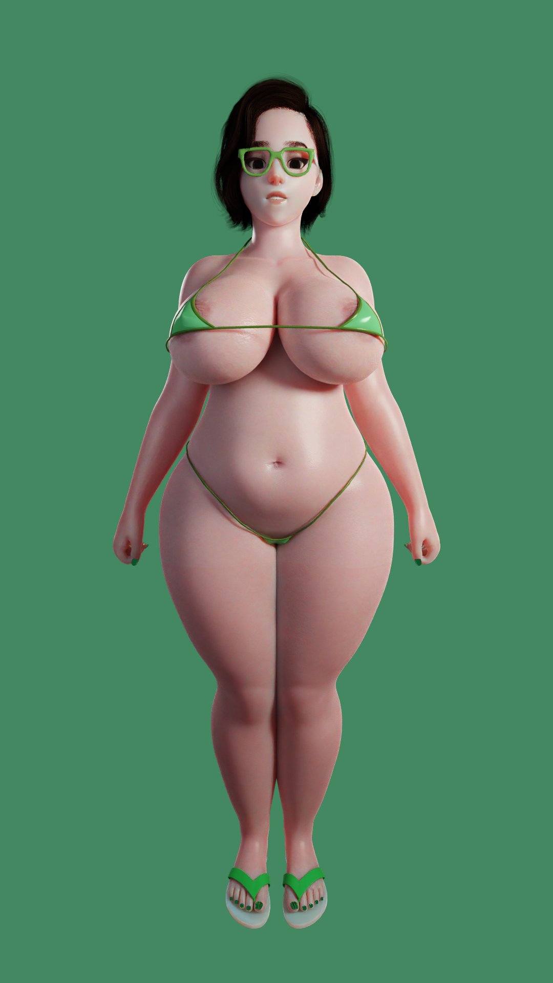 3d 3d_(artwork) areolae areolae_slip big_ass big_belly big_breasts big_butt blank_background blizzard_entertainment eddysfm glasses green_background green_glasses huge_ass huge_breasts medium_hair mei_(overwatch) overwatch sandals small_bikini tiny_bikini