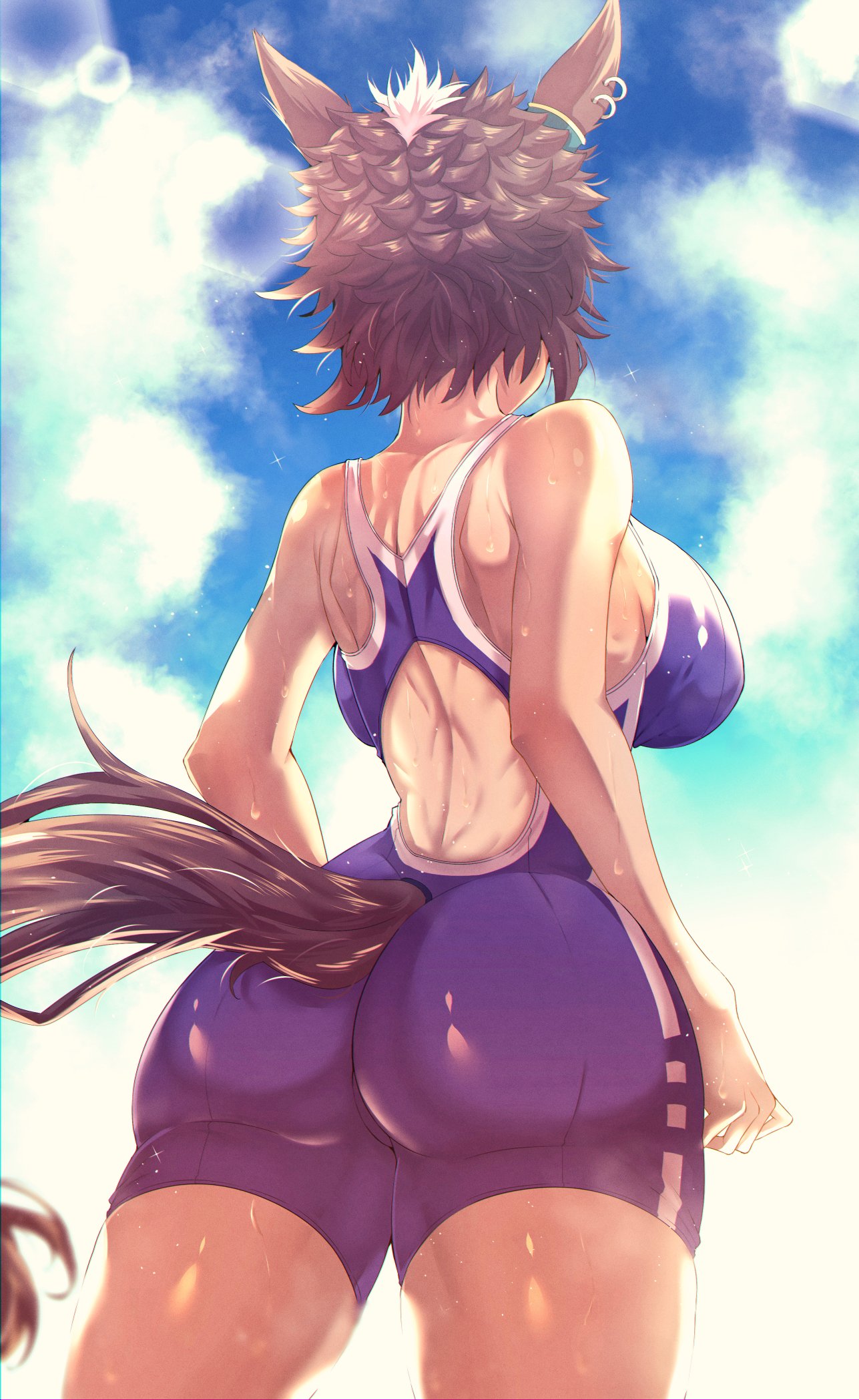 ass back_view backboob breasts ear horse_girl mejiro_ryan mejiro_ryan_(umamusume) rule_63 swimsuit tail umamusume