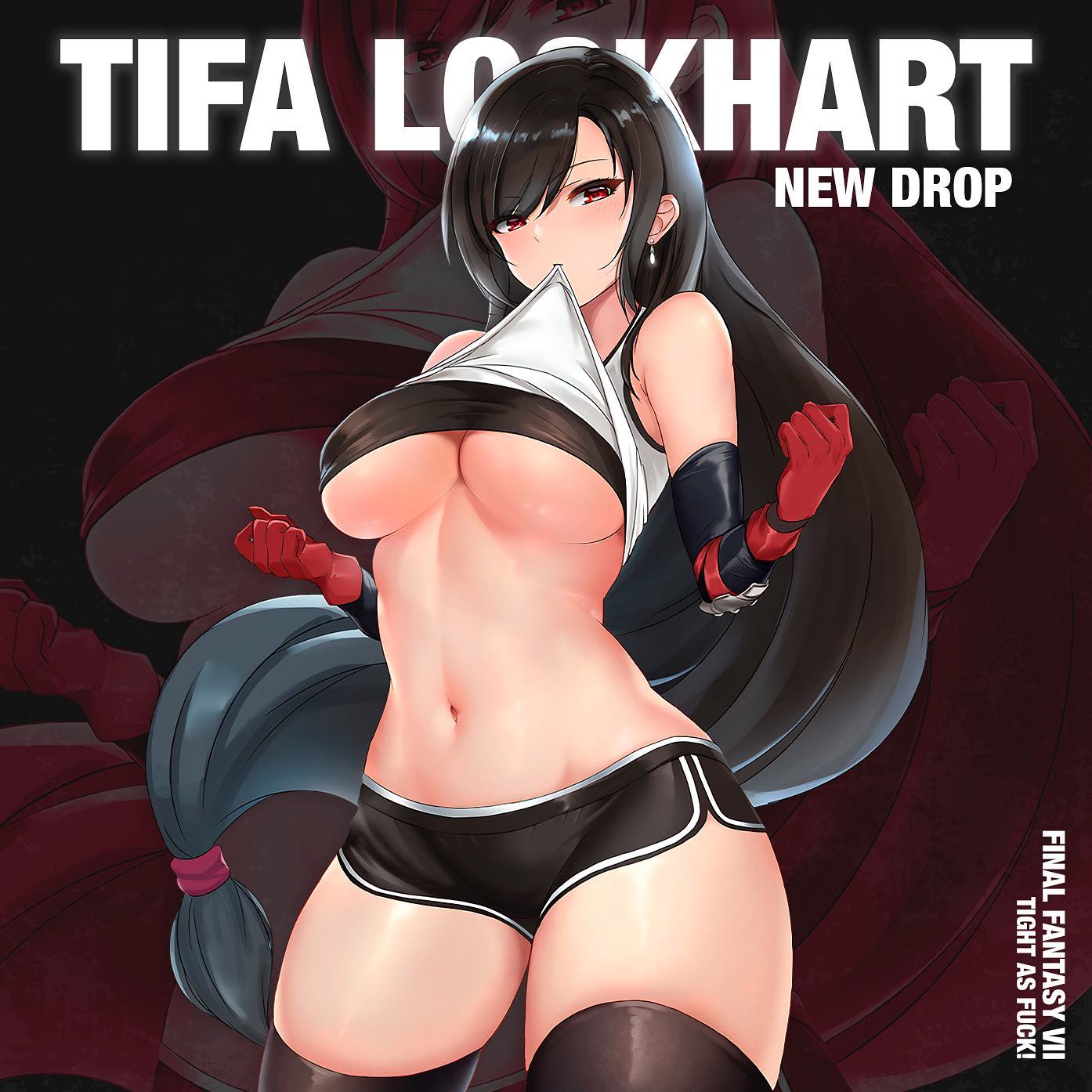 1girls, athletic, athletic female, big breasts, breasts, female, female only, final fantasy, final fantasy vii, final fantasy vii remake, light skin, light-skinned female, midriff, red eyes, shirt lift, square enix, thick thighs, tifa lockhart, tightaf, underboob
