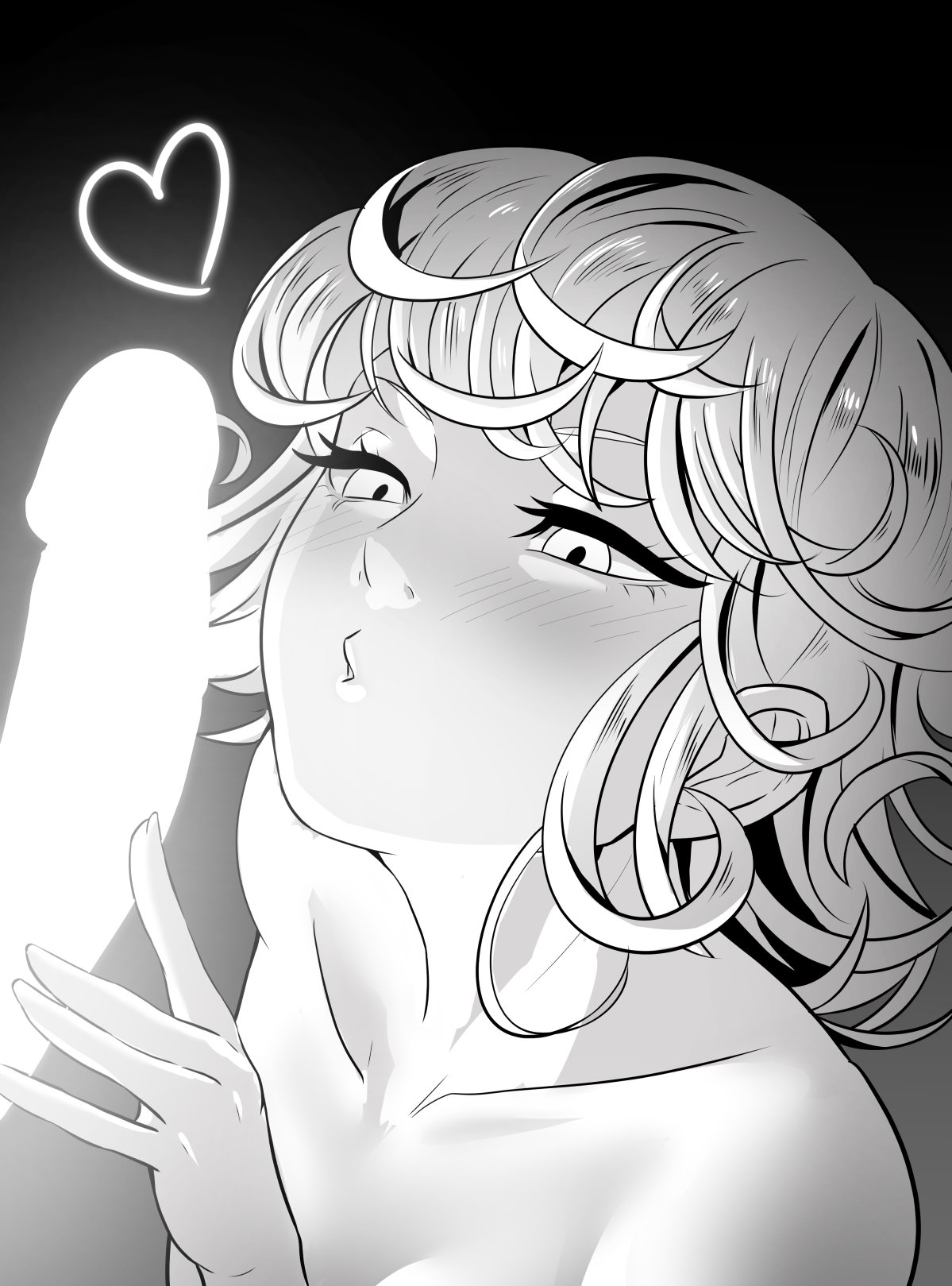1boy, 1girls, blank censor, breasts, censored, completely nude, female, female focus, glowing, glowing penis, male, monochrome, nude, nude female, one-punch man, penis, penis awe, pomelomelon, short hair, small breasts, solo focus, tatsumaki