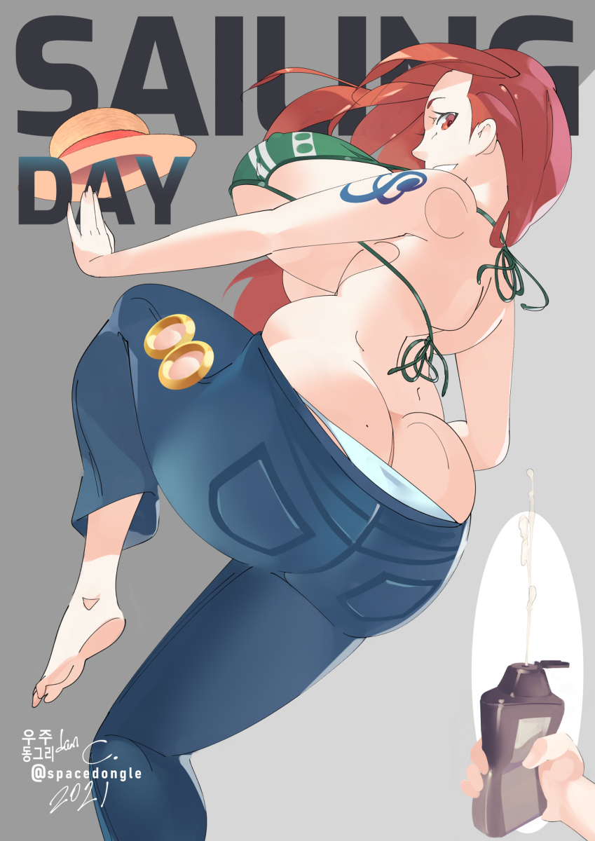 ass, ass cleavage, ass crack, big ass, big breasts, bikini, bikini top, breasts, butt crack, female, jeans, long hair, looking back, male, nami (one piece), offscreen character, one piece, orange hair, panties, spacedongle, striped bikini