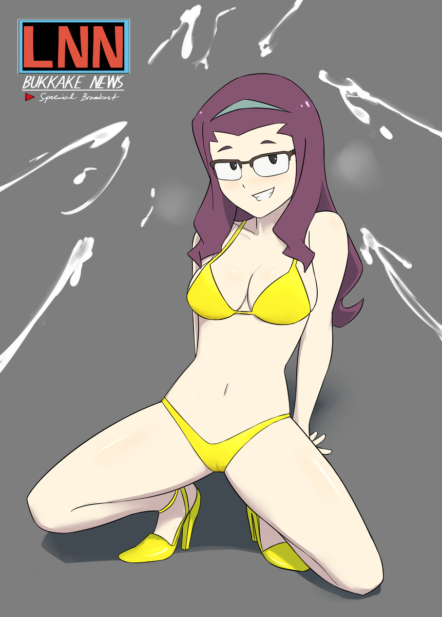 1girls bikini bikini_bottom bikini_top cum cumming glasses heels joanna_(little_witch_academia) little_witch_academia oksandio panties simple_background tagme