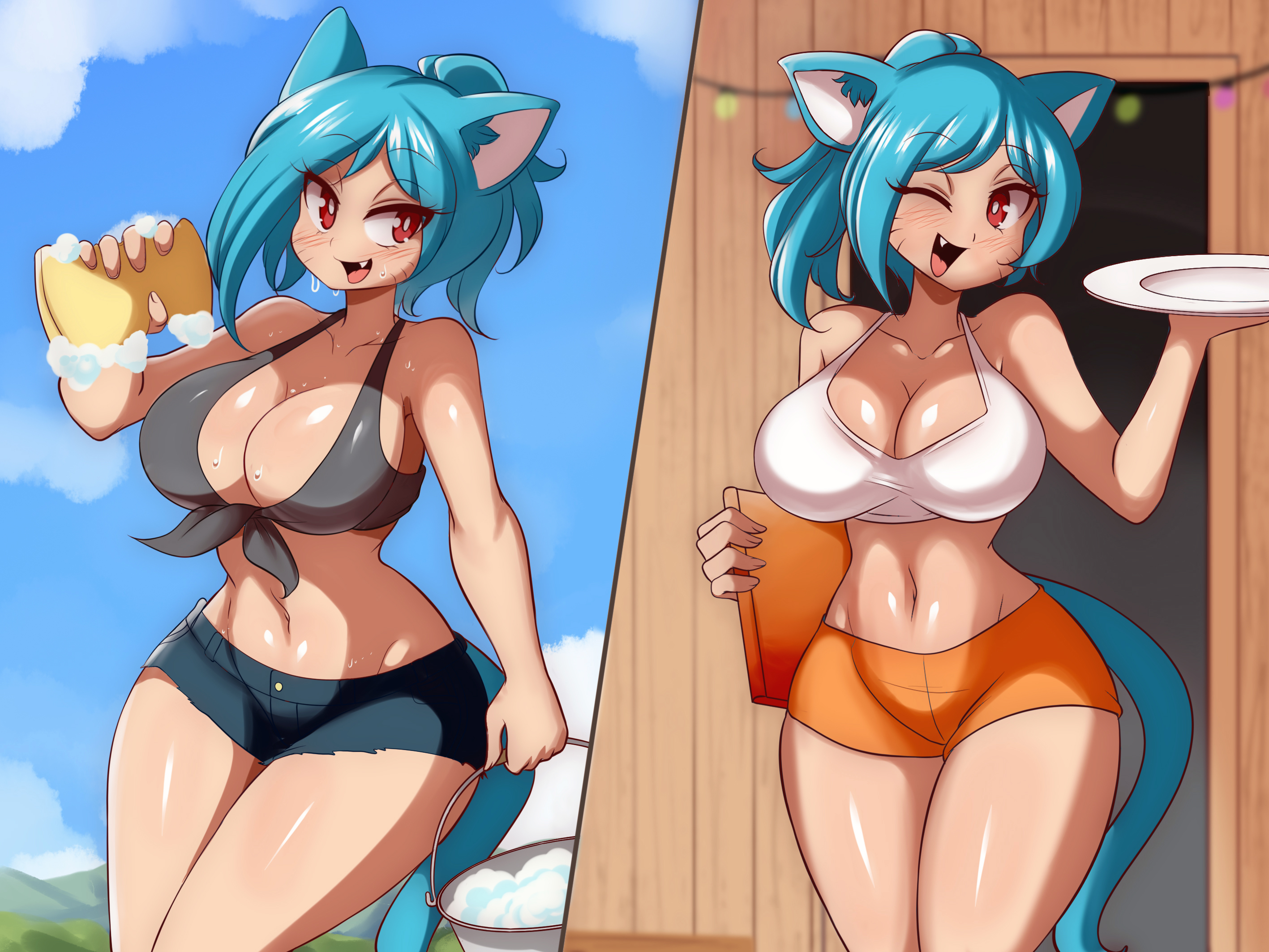 2022, big breasts, blue hair, breasts, cartoon network, cat ears, cat girl, cat tail, catgirl, cleavage, female, hooters, hooters uniform, lucyfercomic, milf, nicole watterson, nicole watterson (human), red eyes, the amazing world of gumball, the amazing world of gumball (human), thick thighs, thighs