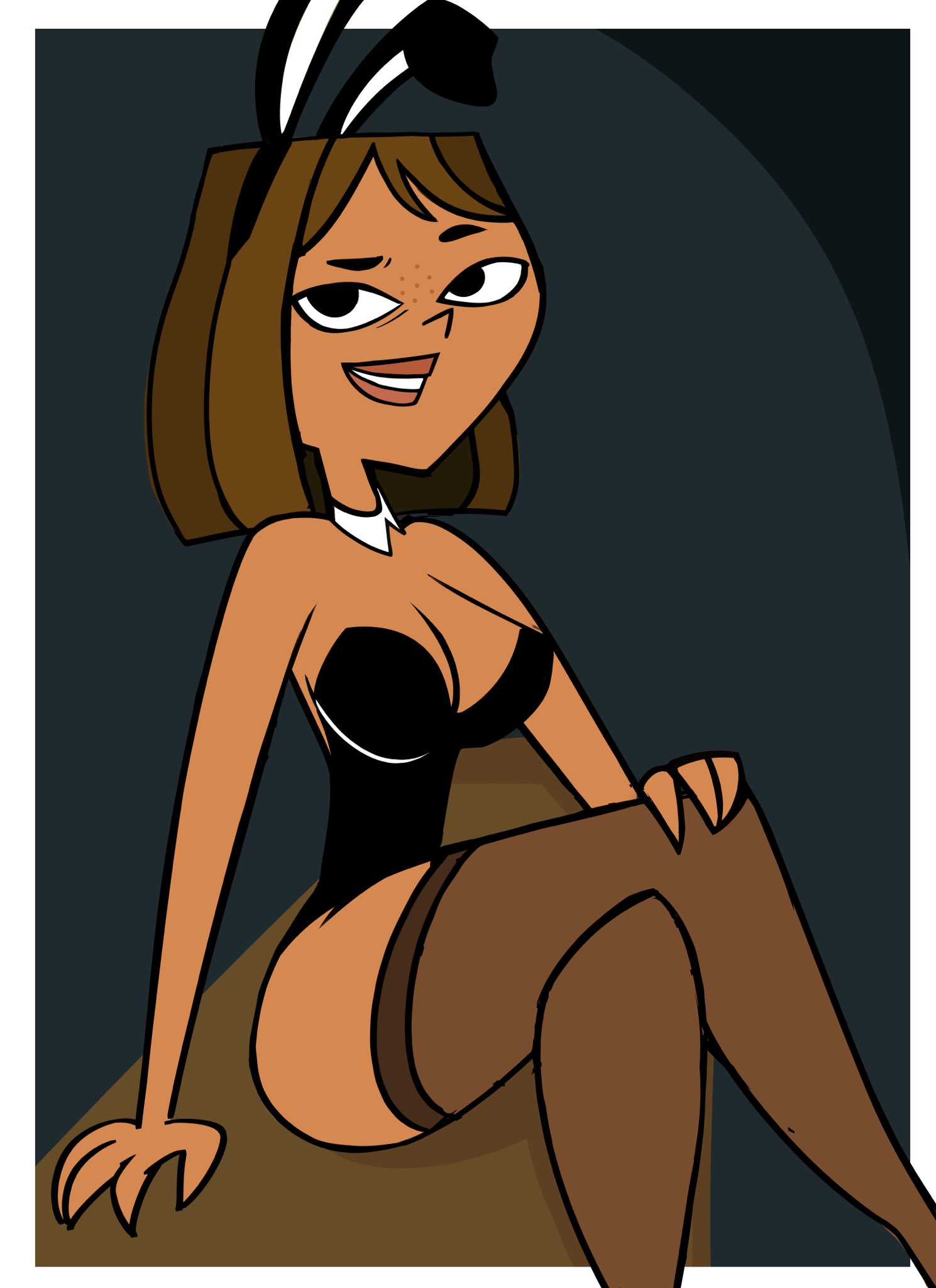 2d, ambyva, big breasts, breasts, brown hair, brunette, bunnysuit, courtney (tdi), crossed legs, detached collar, fake animal ears, female, female only, human, human only, large breasts, legs crossed, looking at viewer, sitting, stockings, tagme, tanned, tanned female, tanned skin, teenage female, teenager, total drama island