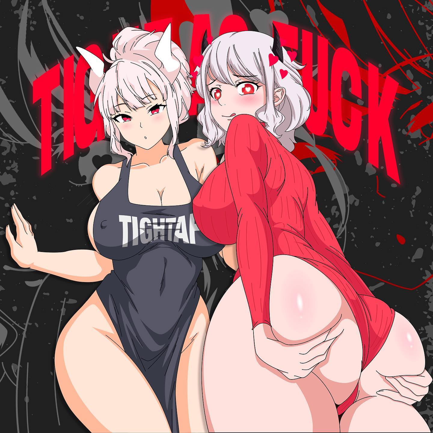 2girls, ass, ass grab, clothing, demon, demon girl, duo, female, female only, helltaker, helltaker (character), horns, huge ass, light skin, light-skinned female, lucifer (helltaker), modeus (helltaker), nipple bulge, thick thighs, tightaf