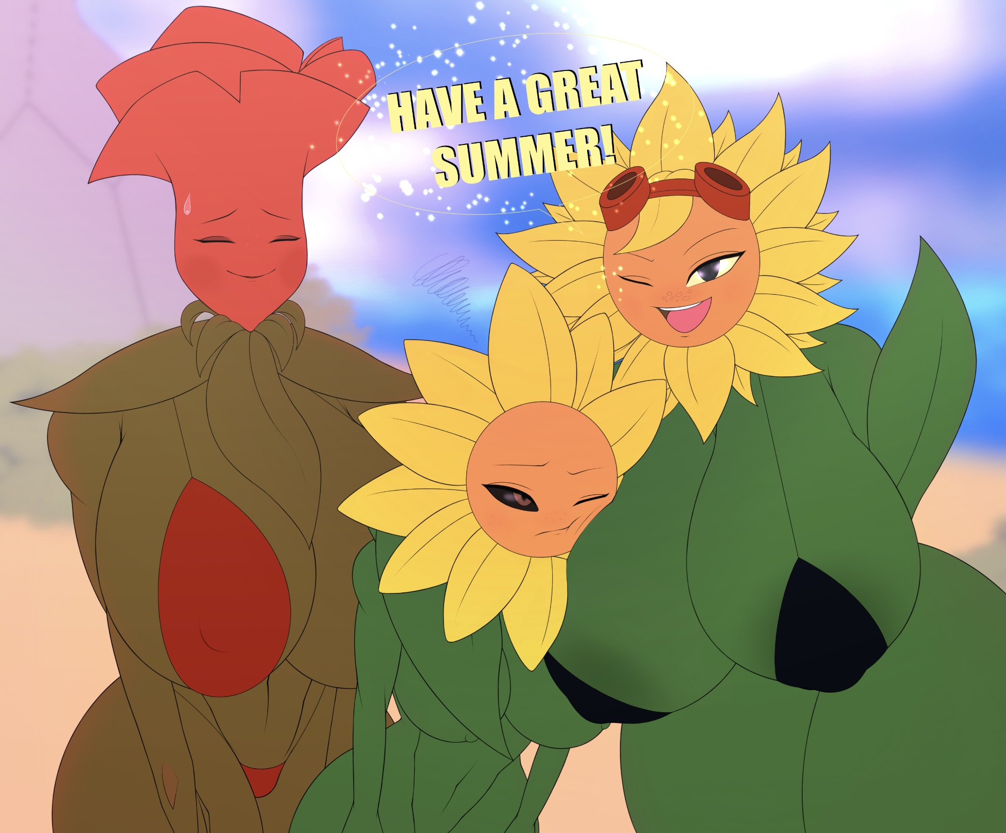 3girls, accessory, annoyed, areolae, beach, breasts, dragonbreaker, embarrassed, female, flora fauna, flower petals, goggles, head on breasts, leaf, micro bikini, multiple females, multiple girls, nipple bulge, nipples, open mouth, orange eyes, plant, plant girl, plantie, plants vs zombies, plants vs zombies: battle for neighborville, plants vs zombies: heroes, red cheeks, rose, rose (pvz), smiling, smiling at viewer, solar flare (pvz), summer, sunflower, sunflower (pvz), talking to viewer, thong, thorns, tight fit, tomboy