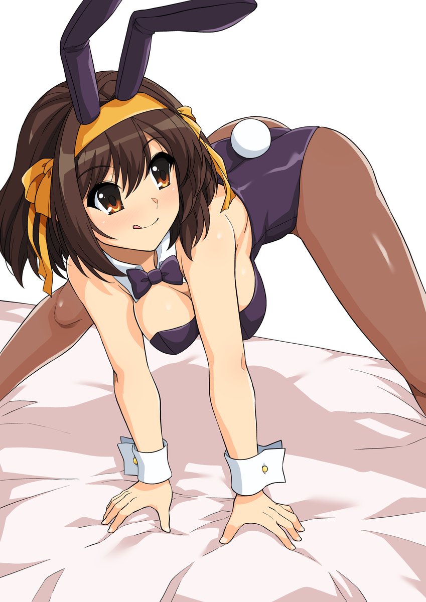 1girls, all fours, animal ears, ass, breasts, bunnysuit, clothing, fake animal ears, female, female only, haruhisky, large breasts, leotard, pantyhose, short hair, solo, solo female, suzumiya haruhi, suzumiya haruhi no yuuutsu, tagme