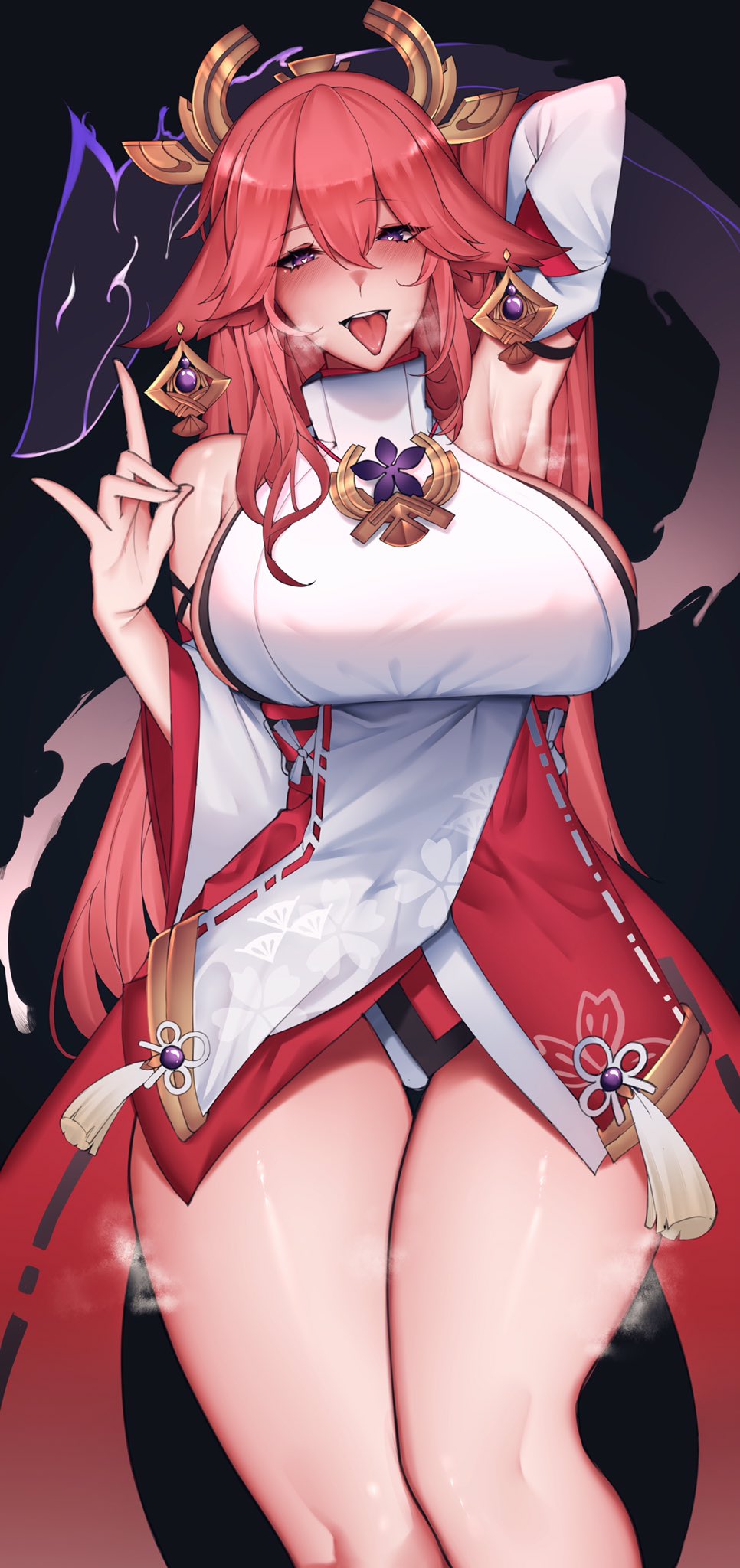 animal ears, arm behind head, arm up, armpits, bangs, bare shoulders, black background, breasts, bright pupils, commentary, crossed bangs, detached sleeves, earrings, english commentary, feet out of frame, female, fox ears, fox shadow puppet, genshin impact, hair between eyes, hand up, heart, heart-shaped pupils, highres, huge breasts, jewelry, long hair, looking at viewer, open mouth, pink hair, purple eyes, red skirt, shirt, sideboob, simple background, skirt, solo, steam, symbol-shaped pupils, thick thighs, thighs, tongue, tongue out, turtleneck, unbeller, very long hair, white pupils, white shirt, white sleeves, yae miko