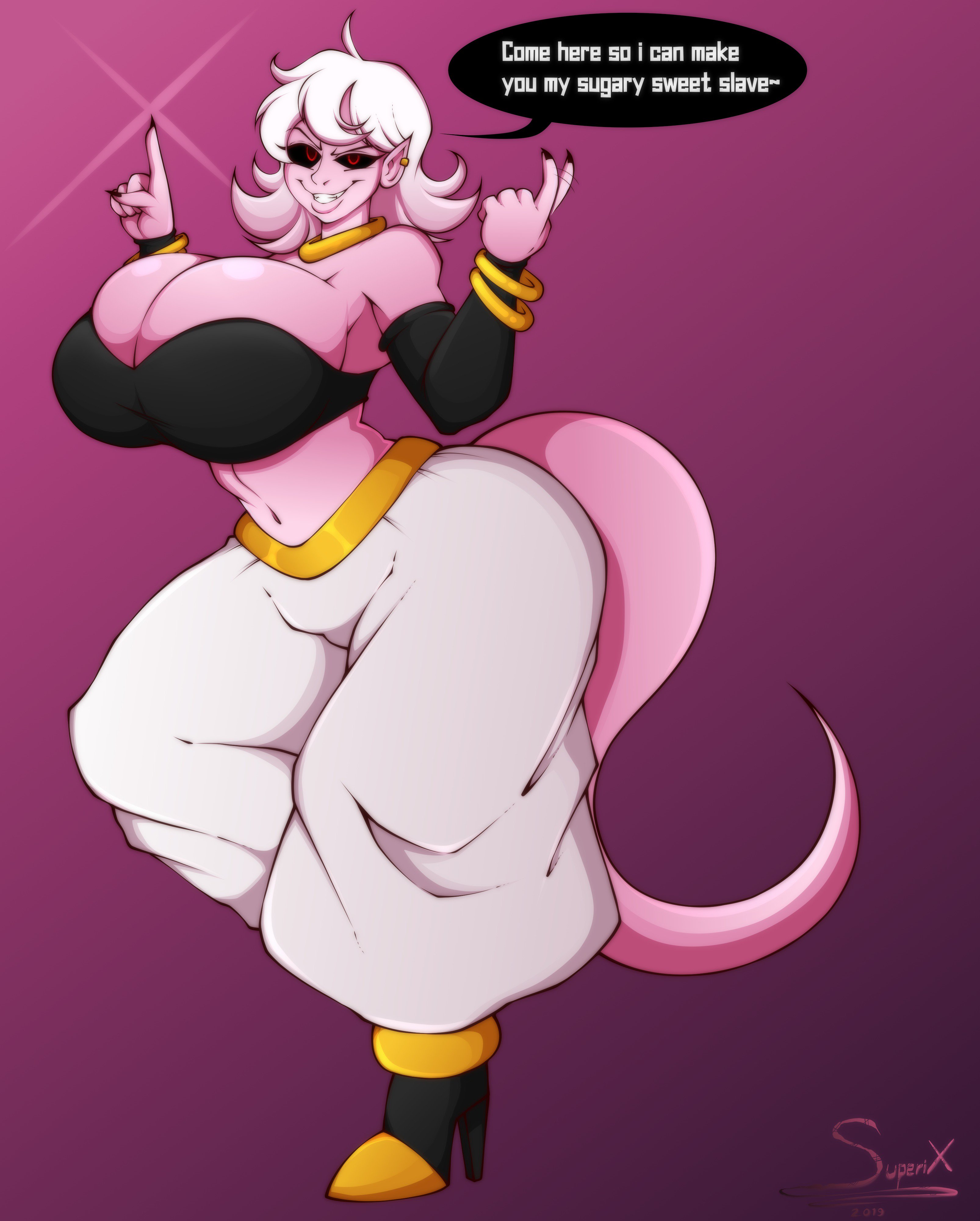 1girls, 2019, 4k, absurd res, alien, alien humanoid, android 21, artist name, beckoning, big breasts, black sclera, breast squish, breasts, claws, cleavage, clothed, clothing, curvaceous, curvy, curvy body, curvy female, curvy figure, dialogue, digital drawing (artwork), digital media (artwork), dragon ball, dragon ball fighterz, ear piercing, ear ring, english text, eyelashes, female, female focus, female only, fingers, gesture, hair, hi res, high heels, hourglass figure, huge breasts, humanoid, humanoid pointy ears, long tail, looking at viewer, majin, majin android 21, midriff, monster girl, navel, piercing, pink background, pink body, pink skin, red eyes, shounen jump, signature, simple background, slim waist, small waist, solo, squish, superix, talking to viewer, text, thick thighs, topwear, tube top, voluptuous, white hair, wide hips