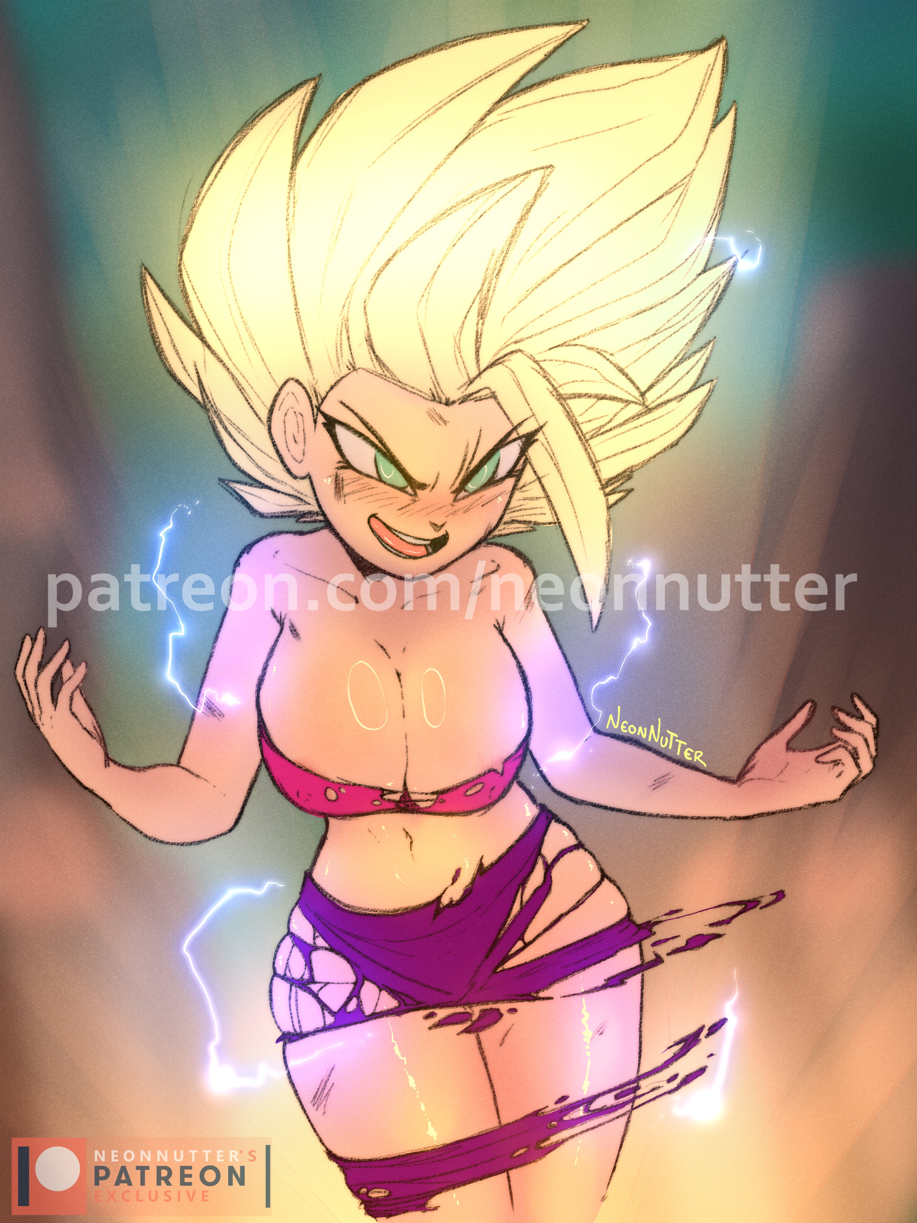 almost naked, big breasts, breasts, caulifla, dragon ball, dragon ball super, female, neonnutter, ripped clothing, super saiyan