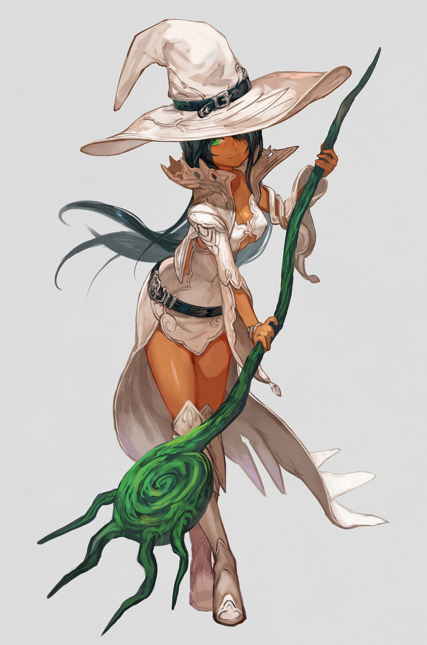 1girls black_hair female green_eyes hair_over_one_eye knee_boots lack solo staff witch witch_hat