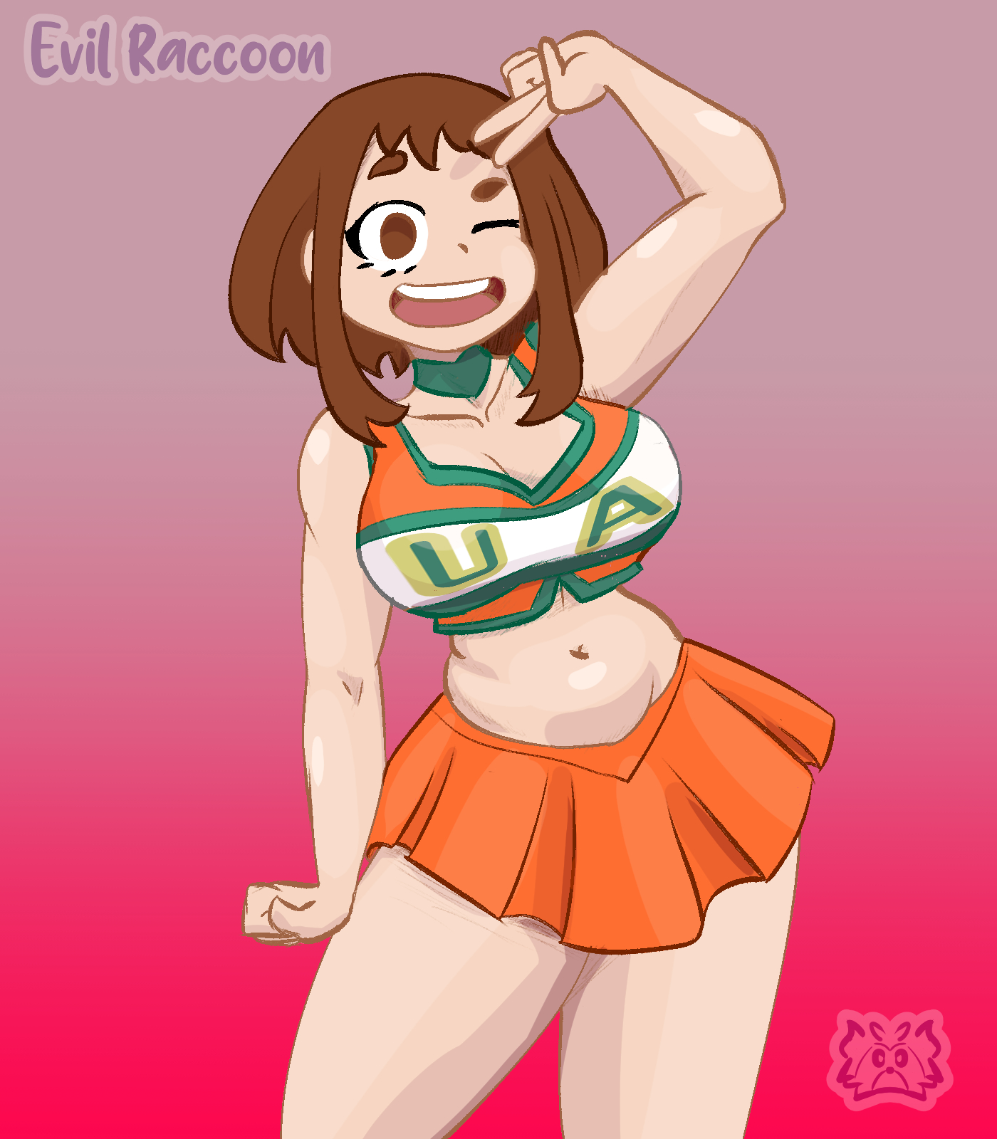 1girls, anime style, belly, big breasts, breasts, brown eyes, brown hair, cheerleader, cheerleader outfit, cheerleader uniform, chubby, chubby female, evil raccoon, female, legs, miniskirt, my hero academia, ochako uraraka, open mouth, peace sign, short hair, smile, solo, superheroine, teeth, teeth showing, thick thighs, tight clothing, topwear, white body, white skin