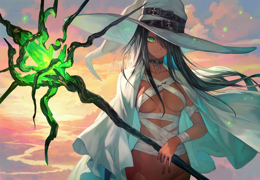 1girls bandages black_hair choker female green_eyes lack solo staff sunset witch witch_hat