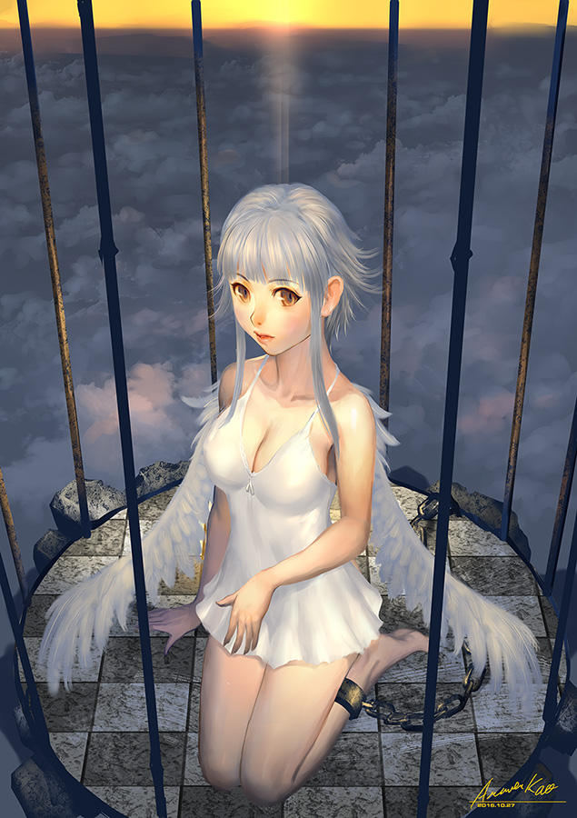 1girls above_clouds ariverkao big_breasts caged chained high_resolution highres minidress original original_characters shackled silver_hair small_wings white_background white_dress wings