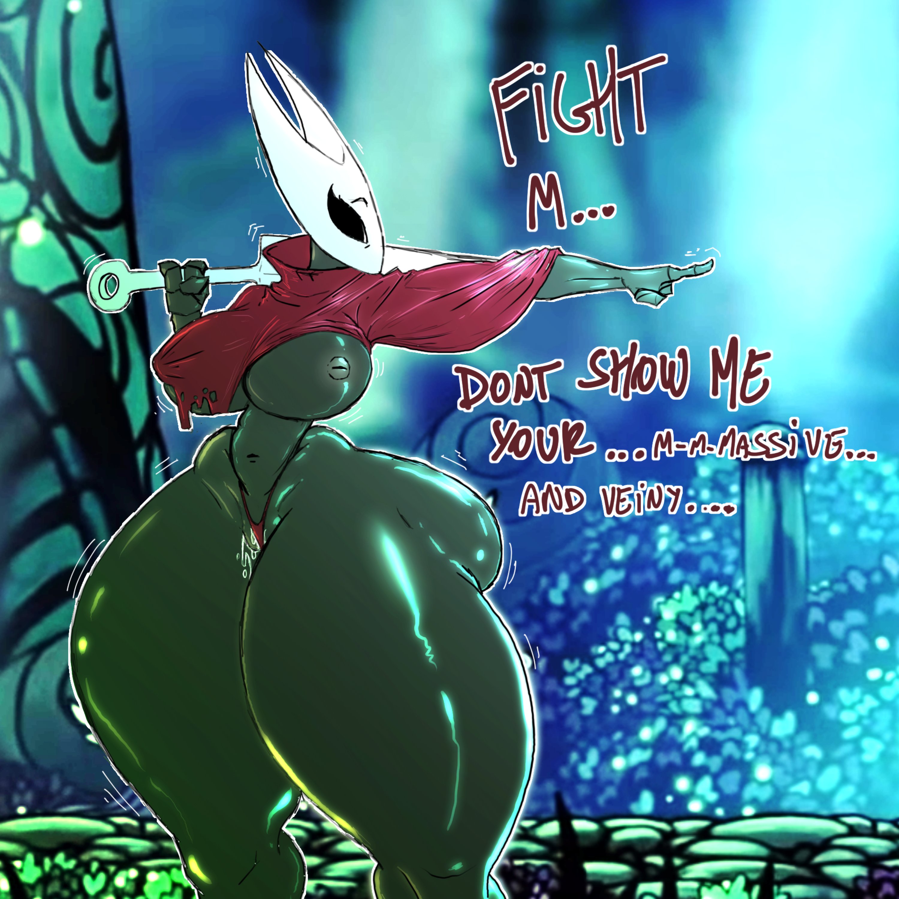 absurd res, anthro, arthropod, ass, big ass, big breasts, big butt, bodily fluids, bottom heavy, breasts, cloak, english text, female, hi res, hollow knight, hornet (hollow knight), hourglass figure, huge ass, huge butt, hyper, hyper thighs, insect girl, insects, large breasts, libi dos, nipple slip, nipples, nipples visible through clothing, pointing, pussy, pussy juice, skindentation, team cherry, text, thick thighs, thong, video games, weapon