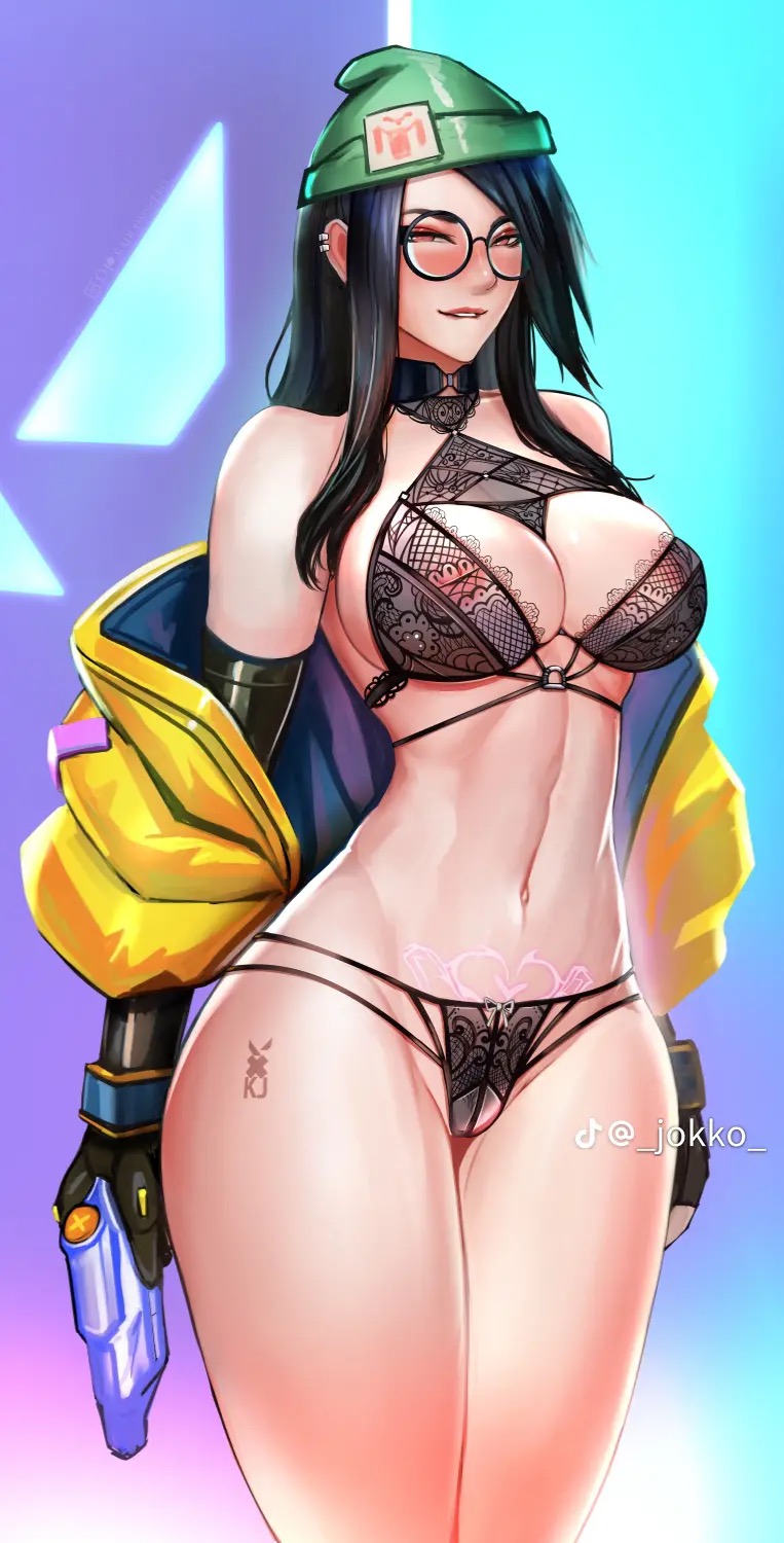 badcompzero, biting lip, black hair, black panties, female, killjoy (valorant), lingerie, tagme, tiktok, valorant