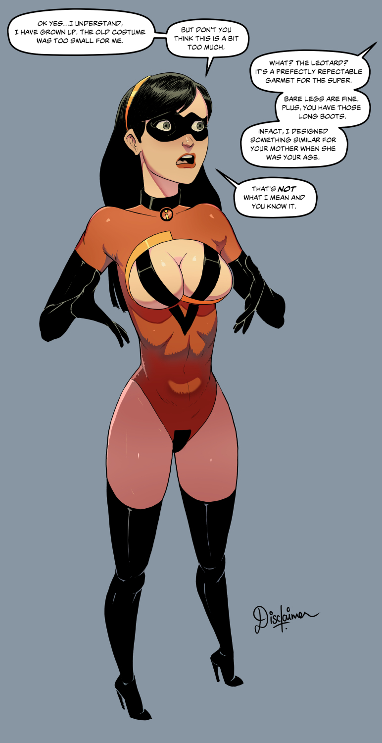 1girls, alternate costume, big breasts, blush, breasts, cleavage, cleavage cutout, dialogue, disclaimer, disney, embarrassed, english text, female, female focus, female only, fully clothed, high heel boots, high heels, light skin, light-skinned female, mask, pixar, skimpy, speech bubble, straight hair, superhero costume, superheroine, text, the incredibles, tight clothing, violet parr
