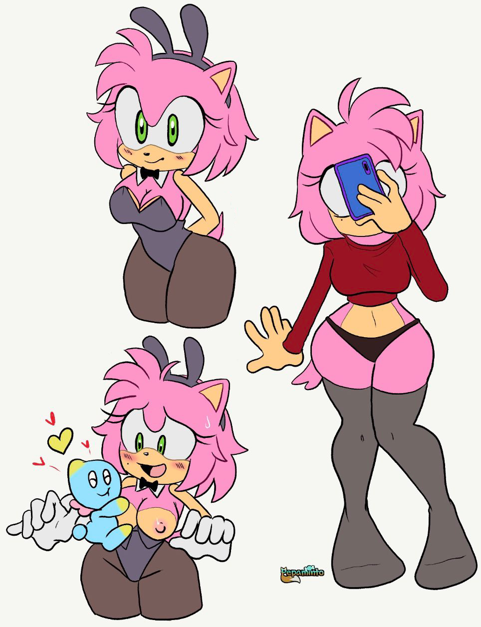 amy_rose breasts_out bunny_ears bunny_girl bunnysuit chao_(sonic) furry nipples pepamintop pink_fur pink_hair playboy_bunny sega sonic_(series) sonic_the_hedgehog_(series) stockings tagme