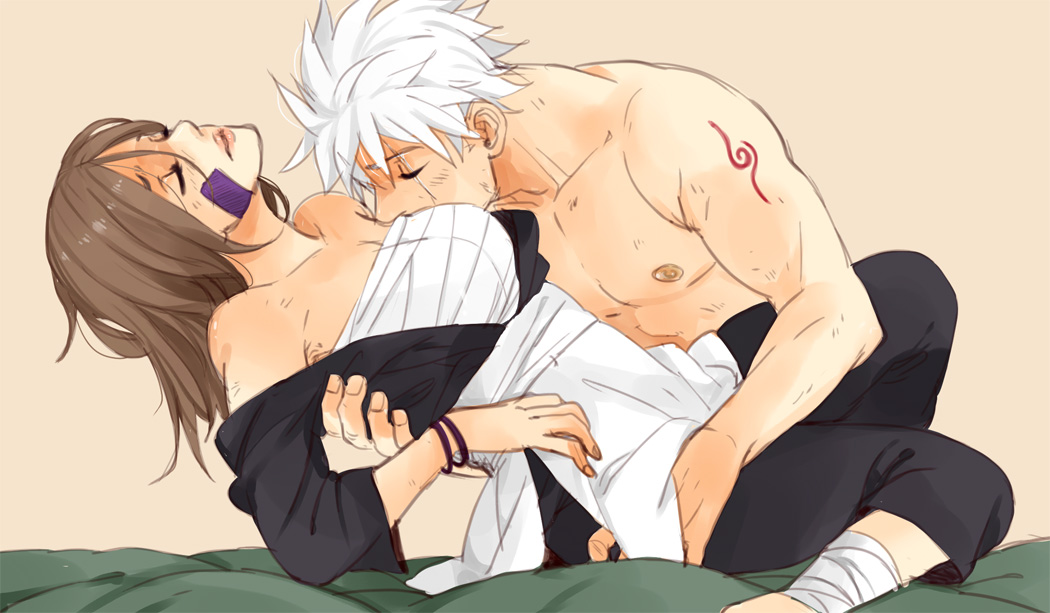 1boy1girl aged_up arm_tattoo bandages bed bent_over bracelets breast_sucking breasts brown_hair carrying closed_eyes clothed_female_nude_male facepaint facial_scar female hatake_kakashi kimono long_hair lying male medium_breasts naked nap_nsfw naruto naruto_(series) naruto_shippuden nohara_rin nude on_bed romantic scar scar_across_eye short_hair skirt spiked_hair tattoo towel white_hair