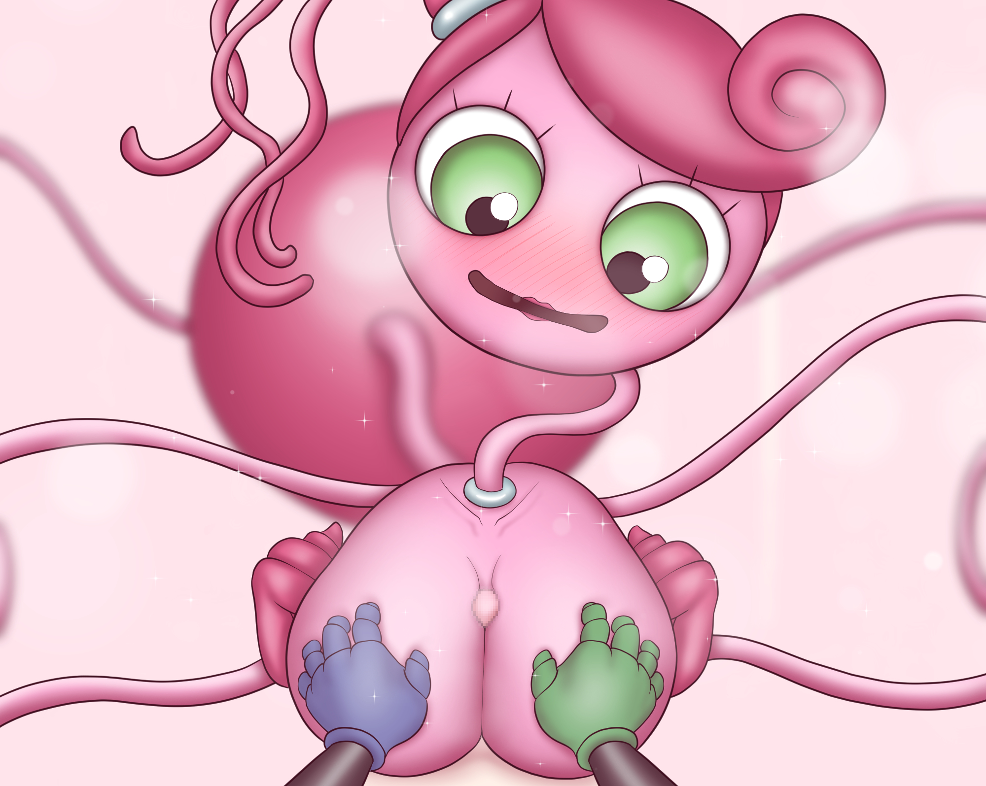 1girls, big breasts, blush, breast grab, breasts, female, green eyes, lipstick, living toy, long arms, long neck, looking at penis, looking down, male, mommy long legs, penis, pink hair, pink skin, poppy playtime, simple background, toy, white background